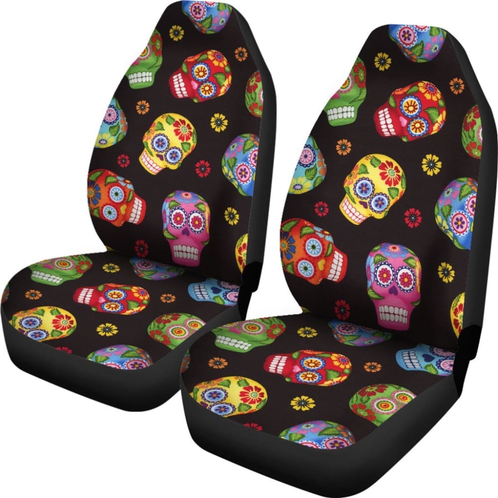 2 Pcs Sugar Skull Car Seat Covers - Universal Fit for Cars, Trucks & SUVs - Durable & Stylish Seat Protectors - Perfect for Halloween, Dia de Los Muertos & Gothic Decor