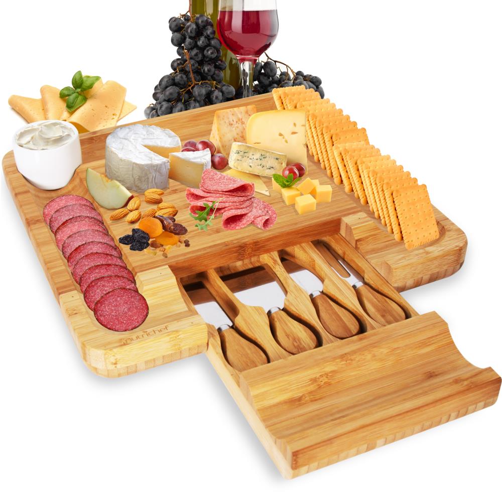 Premium Bamboo Cheese Board Set with Stainless Steel Knives - Elegant Charcuterie Serving Tray for Entertaining, Wine Pairing & Party Platters