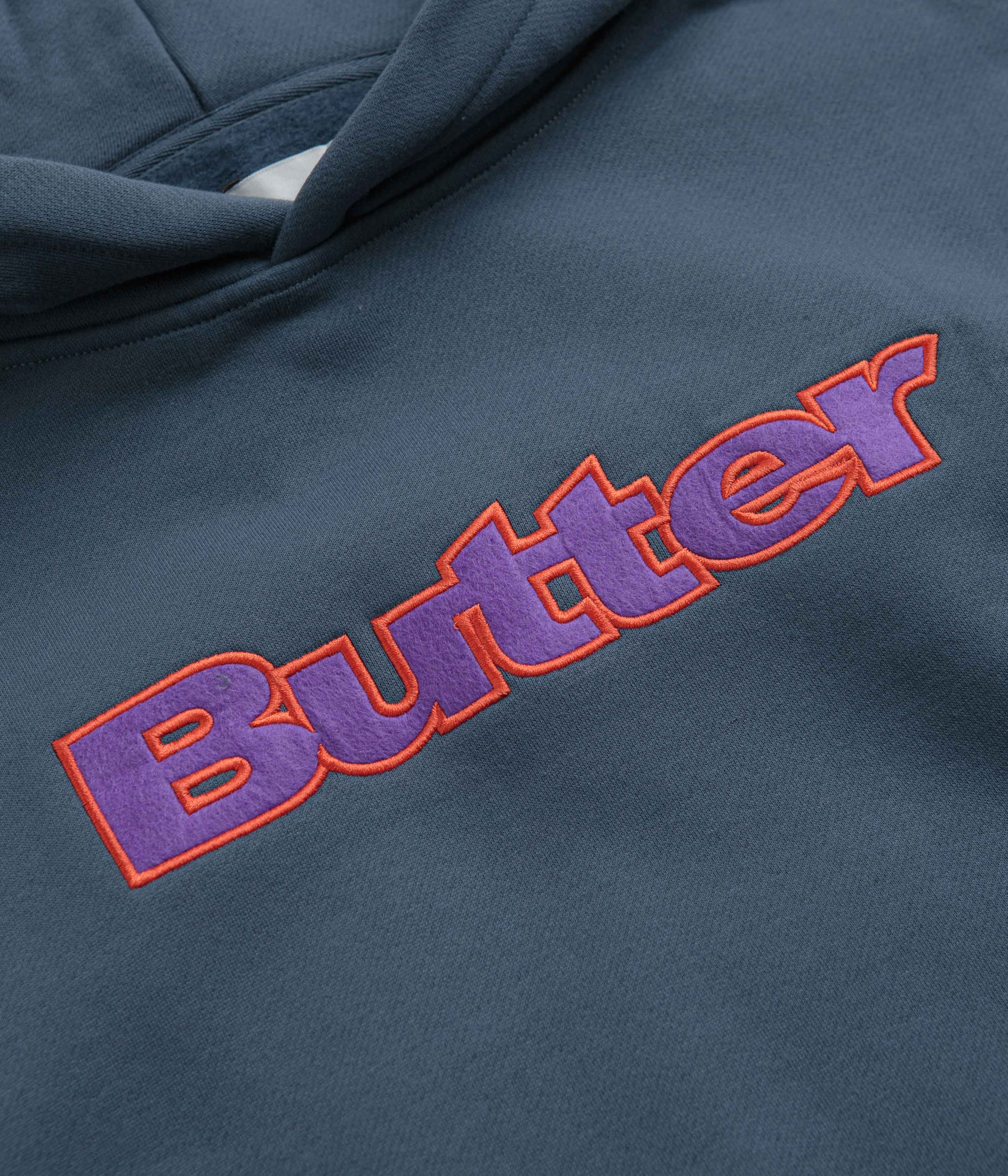 Butter Goods Felt Logo Applique Hoodie - Denim Blue Pullover Sweatshirt for Men & Women | Streetwear Fashion, Casual Wear, Urban Style
