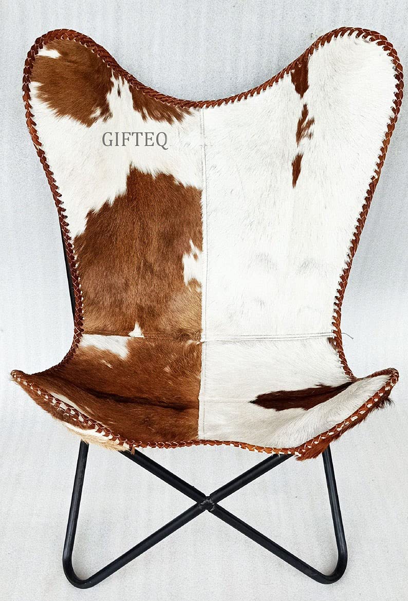 GifteQ Classic Cowhide Leather Butterfly Chair - Foldable & Easy to Assemble Living Room Chair, Comfortable Lounge & Dining Chair for Home, Patio, Dorm Room & Outdoor Use