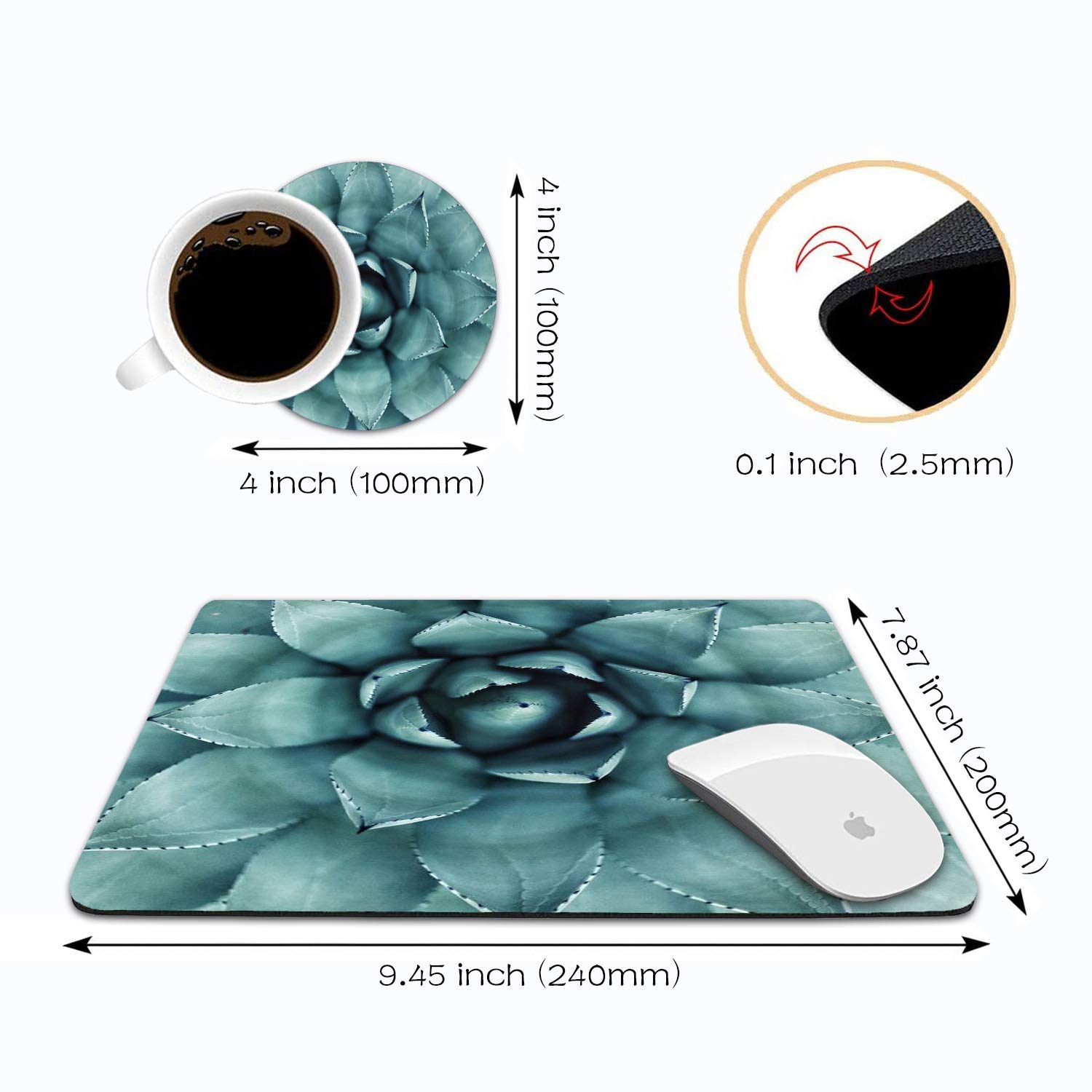 Green Aloe Succulent Plant Mouse Pad & Coasters Set - Non-Slip Rubber Base Rectangle Mouse Pad for Laptop, Computer & Office Accessories | Perfect for Home Office, Gaming & Workspace Decor