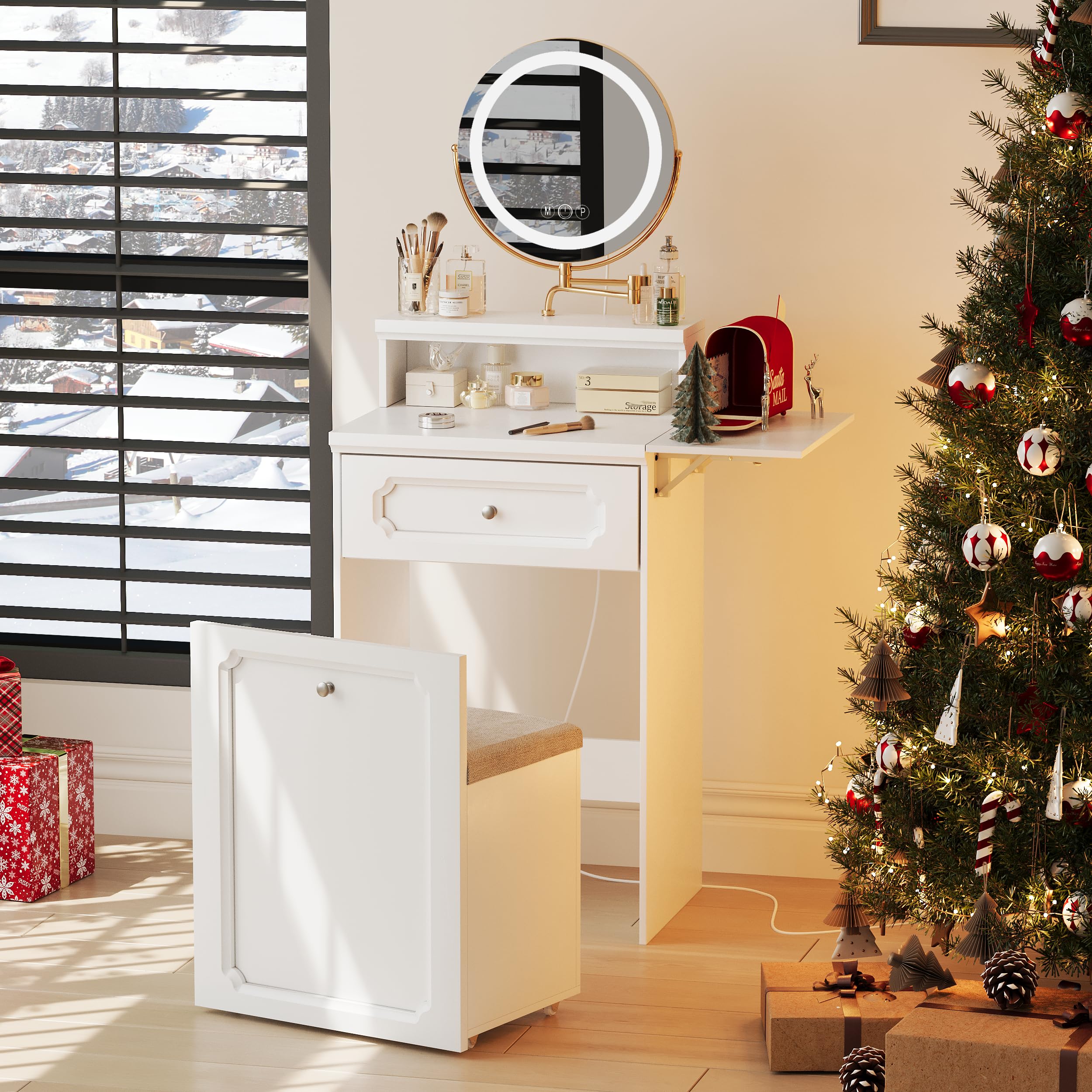 3 in 1 Small Vanity Makeup Desk with Rotatable Mirror & LED Lights - White Compact Makeup Table with Adjustable Lighting & Stool - Space Saving Corner Vanity with Foldable Panel for Bedroom, Dorm or Small Apartment