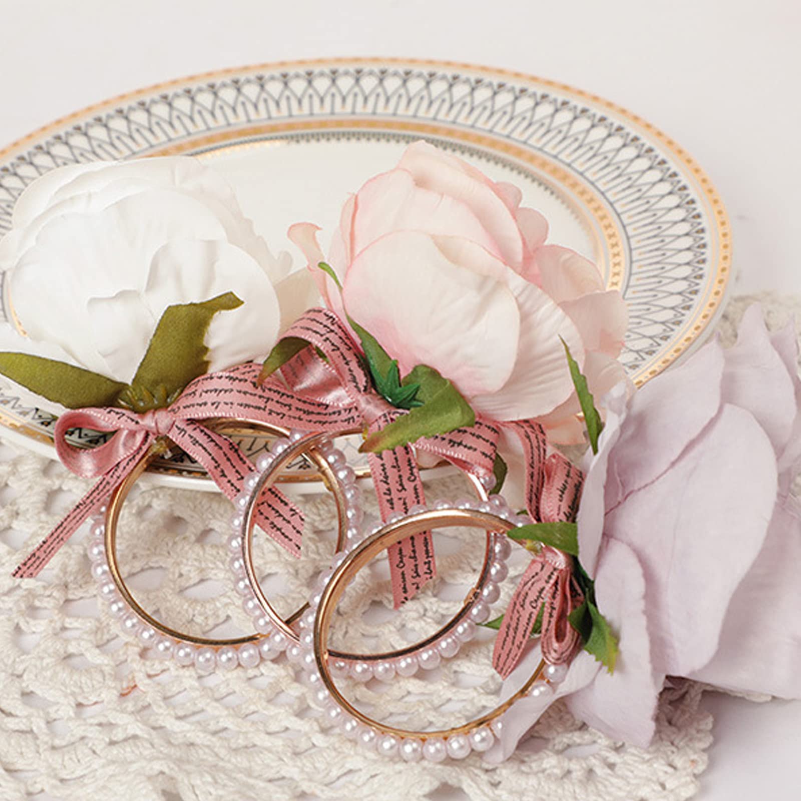 Handmade Silk Rose Napkin Rings Set of 4 - Pearl Decor Floral Napkin Holders for Wedding, Valentine's Day, Banquet, Christmas & Birthday Party - Elegant Table Setting for Romantic Dinners & Special Occasions