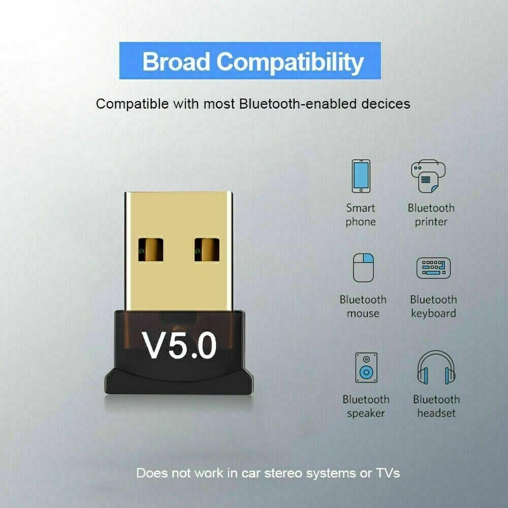 Bluetooth 5.0 USB Adapter for PC & Laptop - Wireless Dongle Receiver Compatible with Windows 11/10/8/7 - Plug and Play for Headphones, Speakers, Keyboard, Mouse, Printer - Perfect for Home Office, Gaming & Wireless Audio Setup