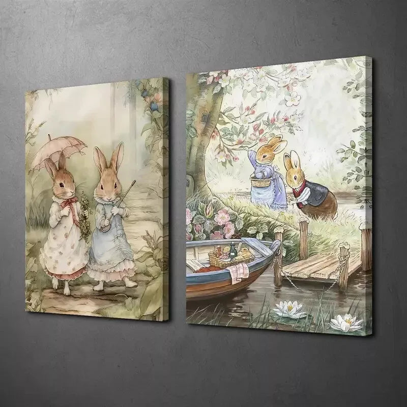 2pcs Romantic Rabbit Lovers Painting - Framed Canvas Wall Art 50x75cm | High Quality Print | 100% Australian Made | Ready to Hang | Perfect for Living Room, Bedroom & Nursery Decor