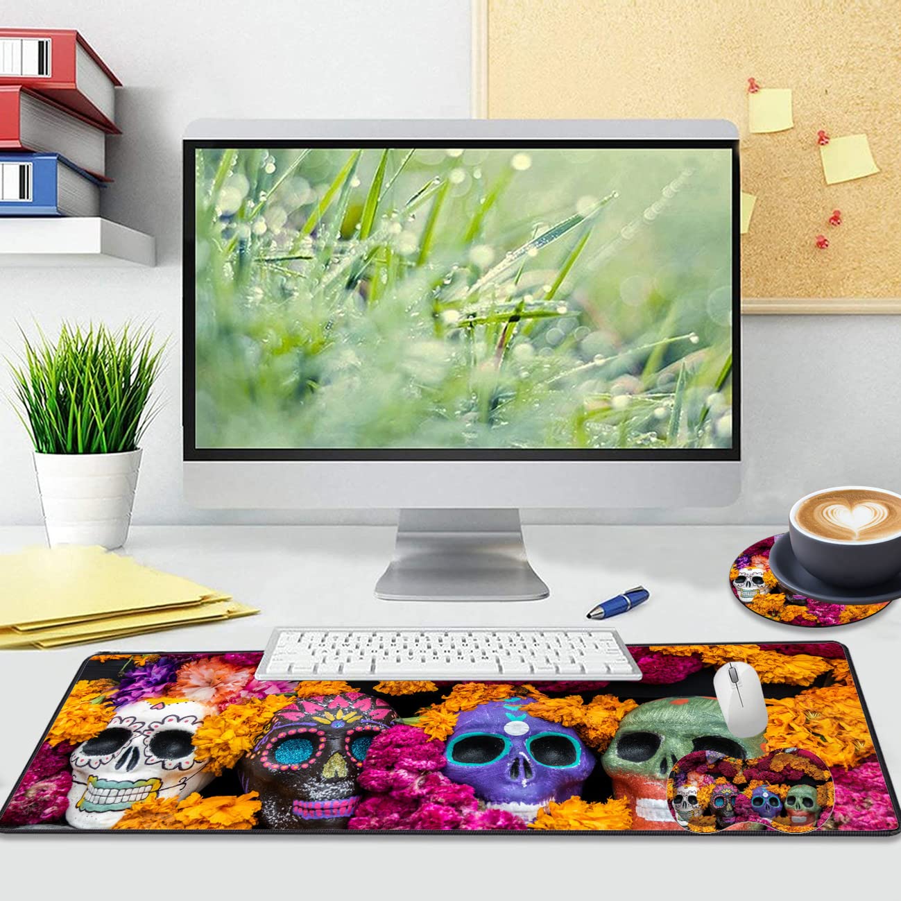 Extended Gaming Mouse Pad with Wrist Rest & Coaster - Non-Slip Rubber Base Desk Mat for Keyboard & Mouse - Perfect for PC Gaming & Office Work (Candy Skull Design) - Ideal for Esports, Streaming & Home Office Setups