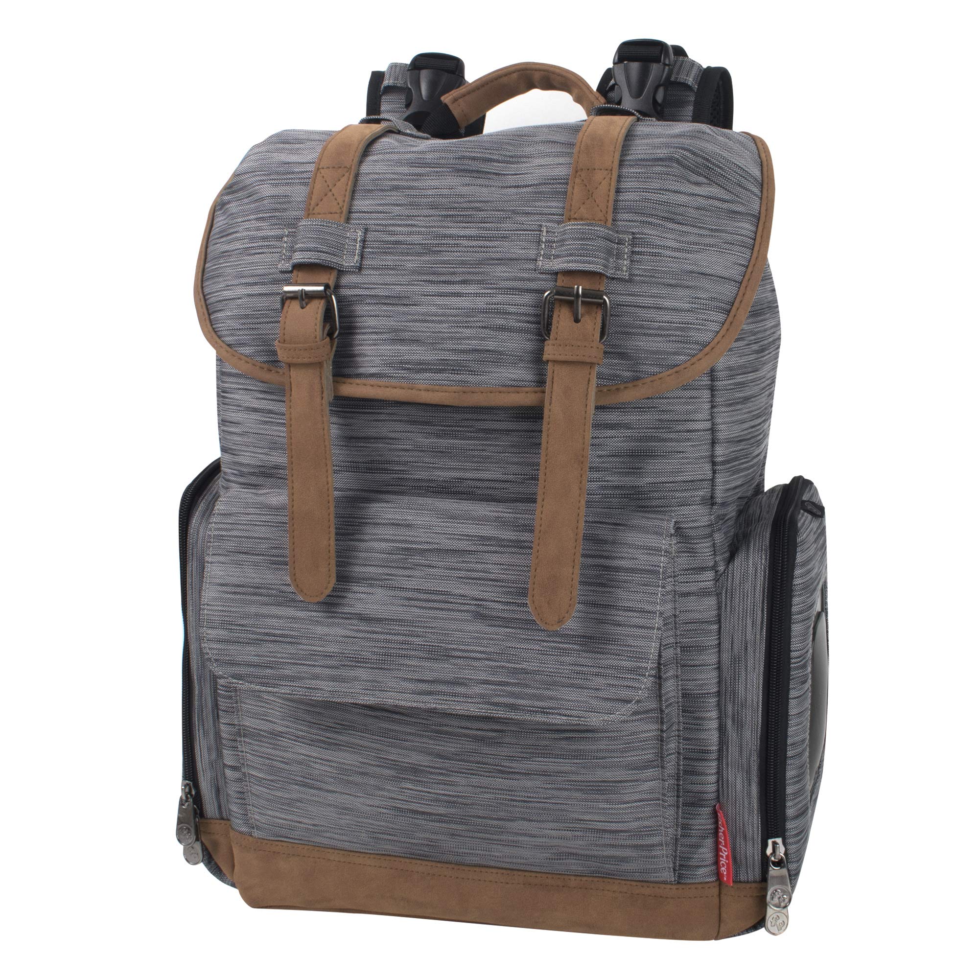 Fisher-Price Insulated Baby Backpack with Drawstring, Stroller Clips & Wipe Storage Pocket - Light Gray Cairn Design for Diaper Bags, Daycare & Travel Essentials