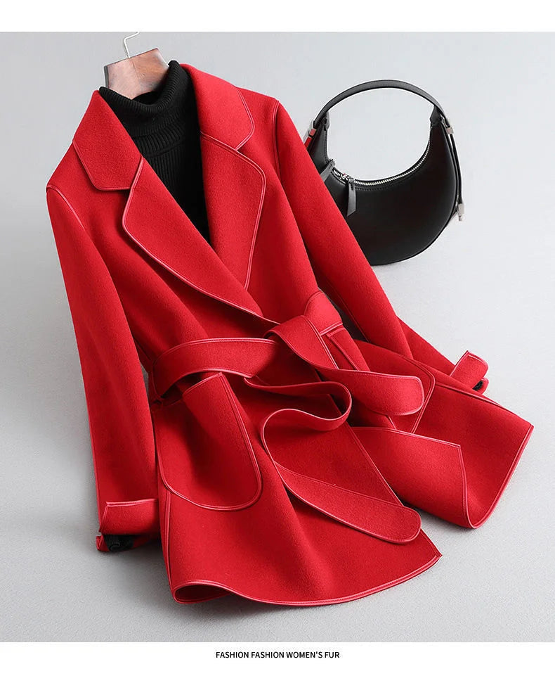 Elegant Midi Lace-Up Women's Wool Blend Coat - Classic Cardigan Style Winter Overcoat with Pockets | Perfect for Office, Dating & Formal Occasions
