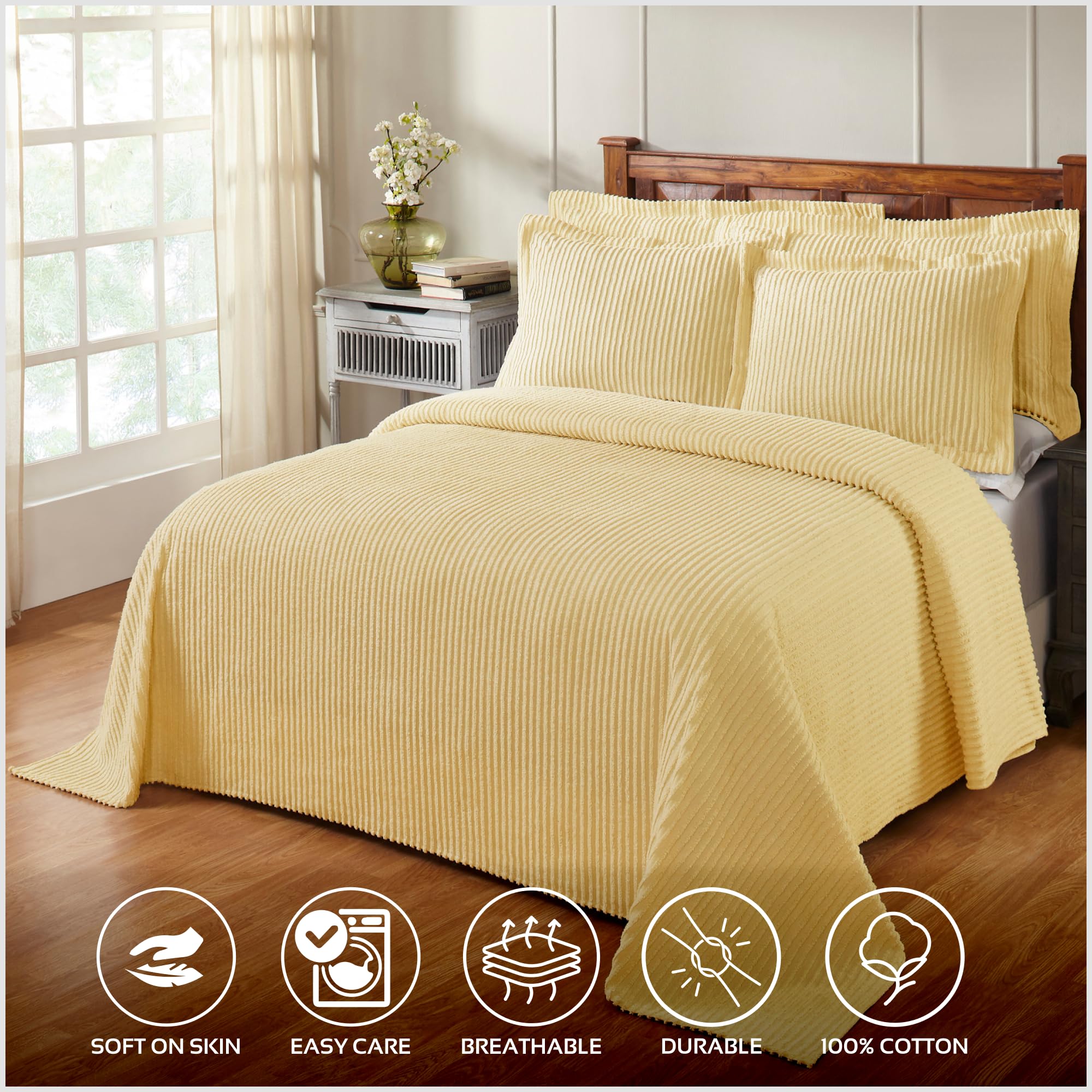 Better Trends Yellow King Bedspread Set - 100% Cotton Tufted Classic Stripe Coverlet | Soft & Cozy All-Season Bedding | Machine Washable 3-Piece Set - Jullian Collection | Perfect for Master Bedroom, Guest Room & Dorm Decor