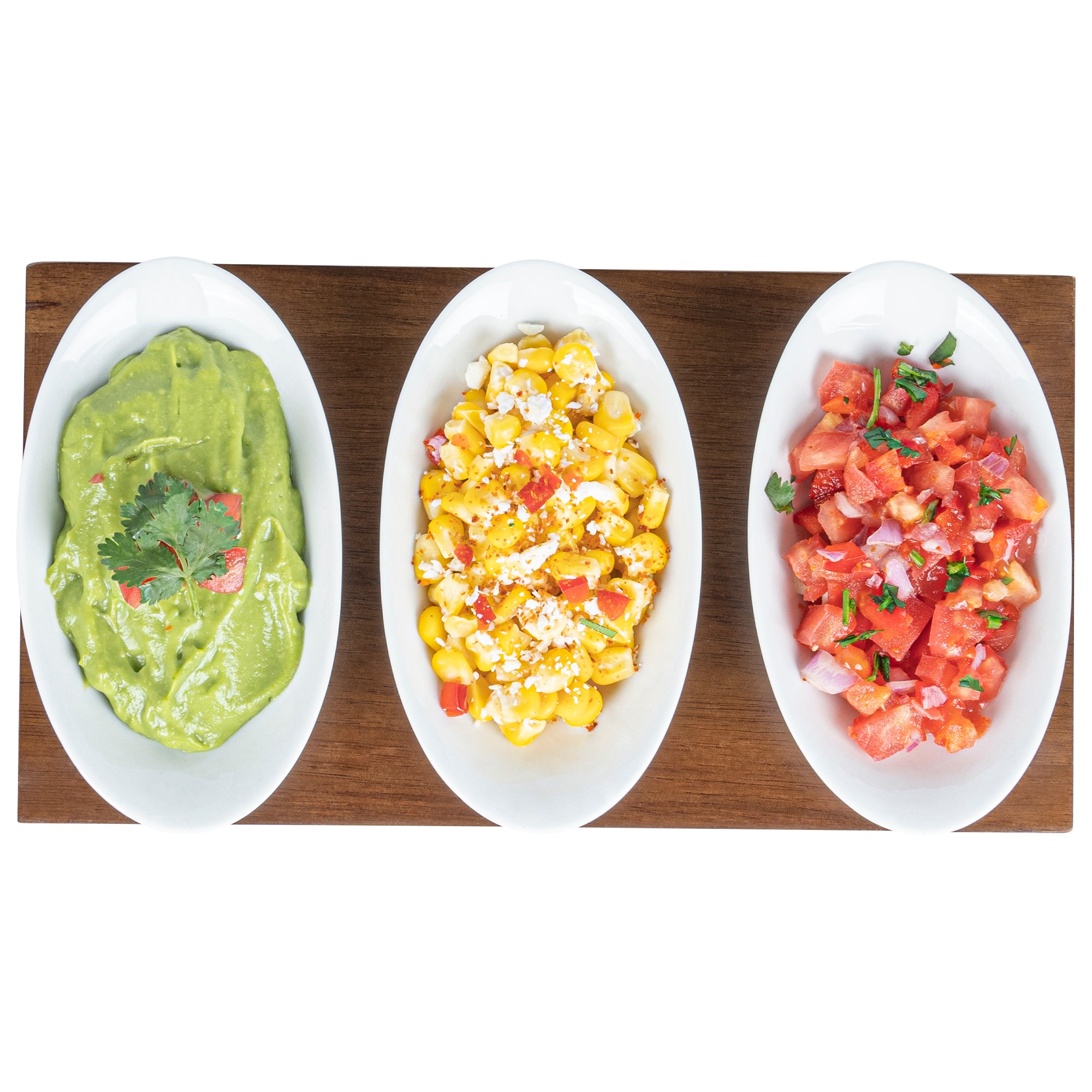 Premium 9 oz White Porcelain Rectangular Ellipse Bowls Set of 3 with Bamboo Tray - 10.25