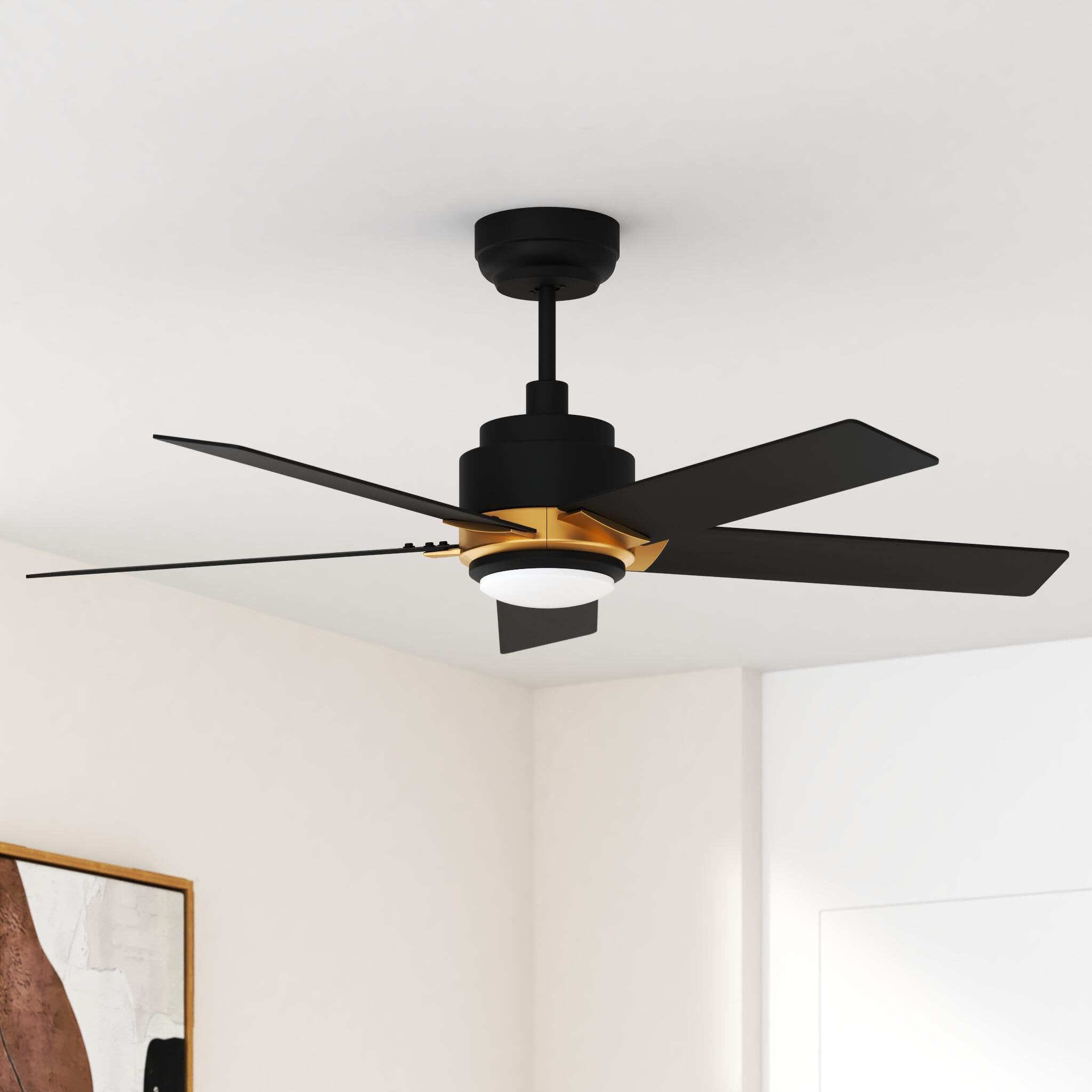 SMAAIR 52 Inch Smart Ceiling Fan with Lights - Low Profile, Dimmable LED Light, 10-Speed Reversible DC Motor, APP/Alexa/Google Assistant/Siri Voice Control (Black/Gold) - Perfect for Bedroom, Living Room and Office Spaces