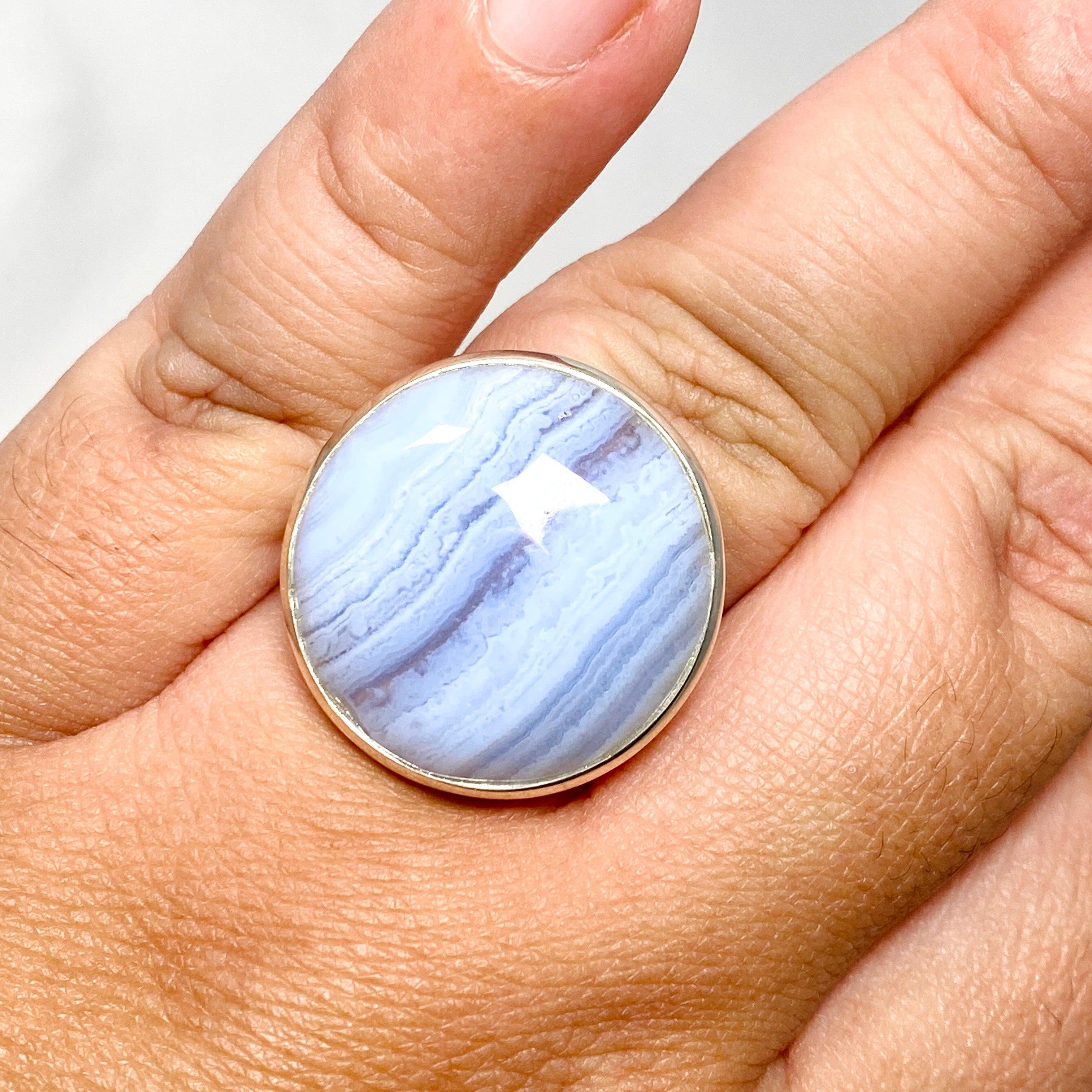 Blue Lace Agate Sterling Silver Round Ring Size 10.5 - Elegant Boho Jewelry for Women, Perfect for Weddings, Parties & Everyday Wear