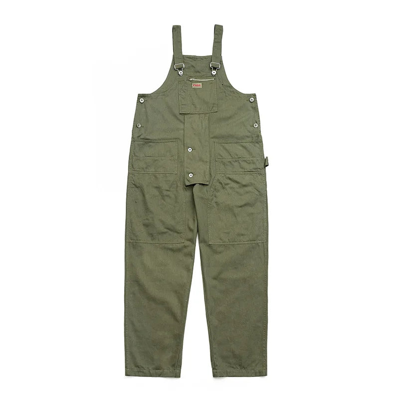 Men's Multi-Pocket Workwear Jumpsuit - Loose Fit Sleeveless Overalls in Green & Beige | Durable One-Piece Trousers for Construction, Gardening & Outdoor Work | Style 9Y7822