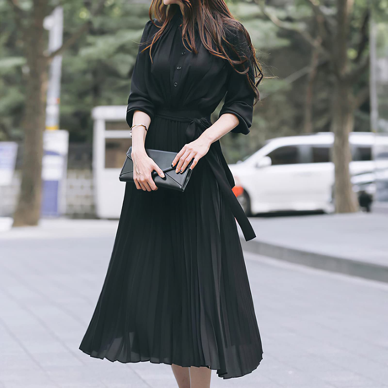 Women's Pleated Long Sleeve Loose Maxi Dress with Tie Waist - Casual Flowy Dress for Spring Summer, Beach, Vacation & Everyday Wear