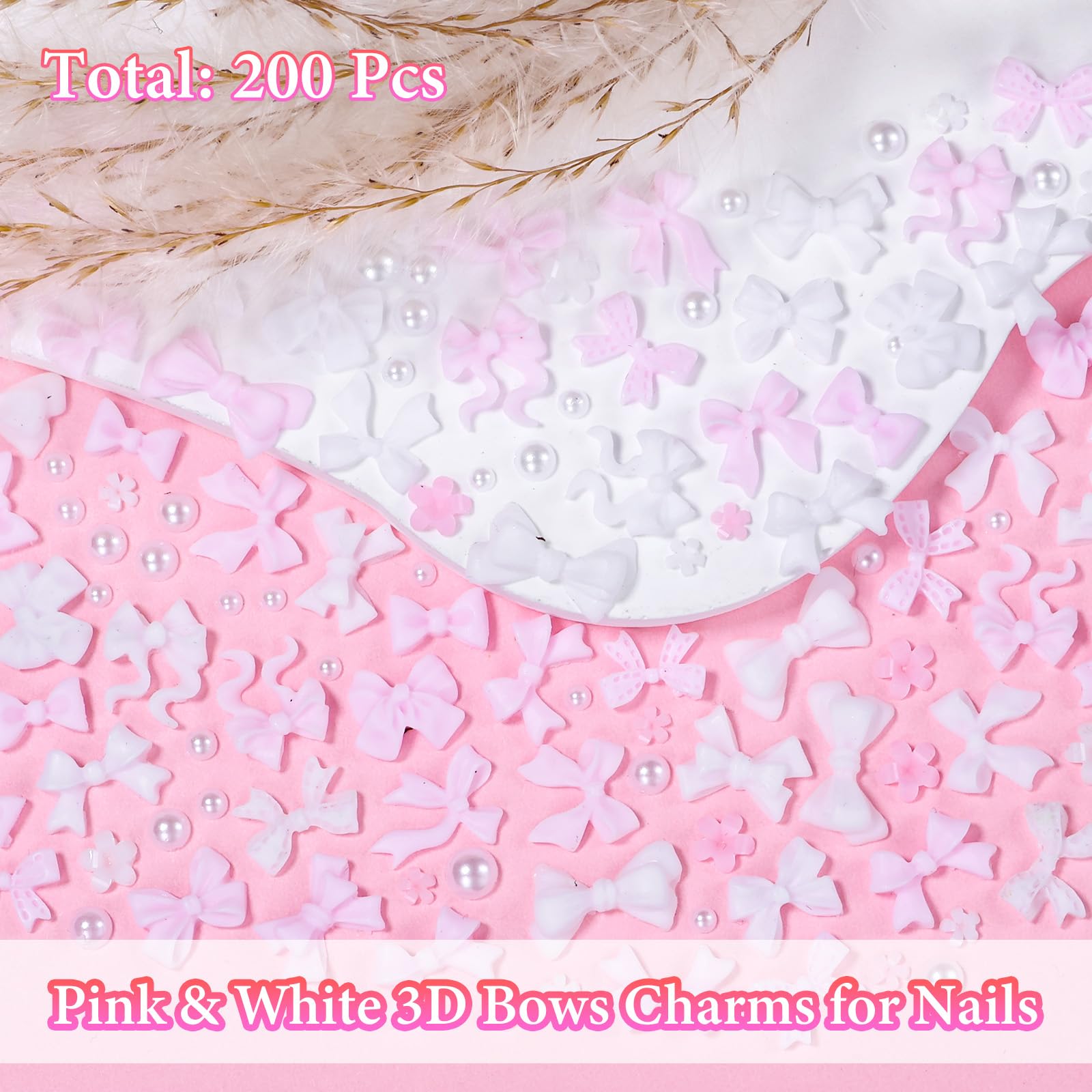200 Pcs Pink & White 3D Bow Nail Charms - Mixed Bowknots & Bow Tie Resin Nail Art Decorations for Acrylic Nails, DIY Manicure Accessories - Perfect for Bridal, Party, Salon & Everyday Nail Art Designs