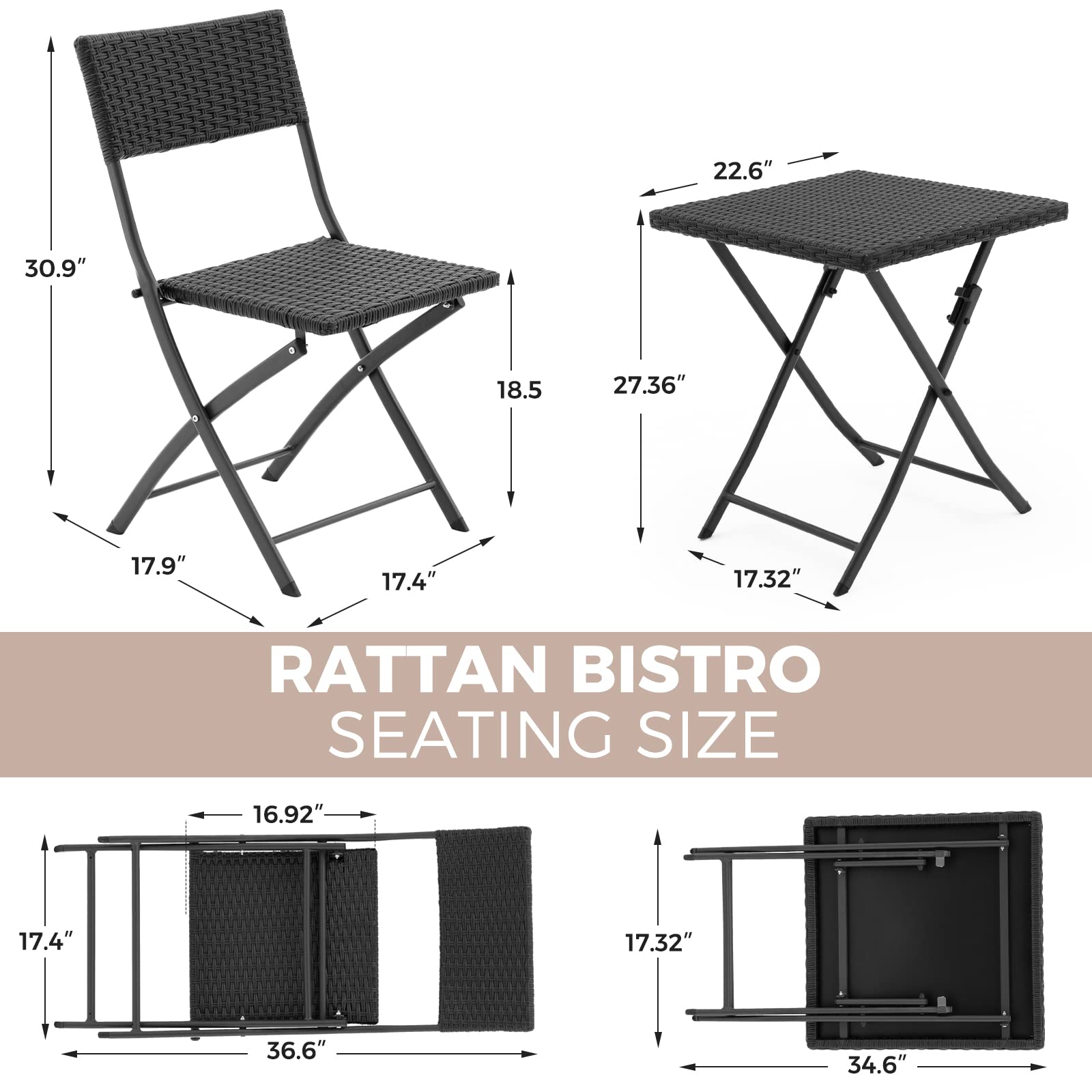 3-Piece Rattan Patio Bistro Set - Foldable Outdoor Furniture with Table & 2 Chairs - Weather-Resistant Wicker for Garden, Backyard, Pool, Lawn, Porch, Balcony - Perfect for Outdoor Dining, Relaxing & Entertaining (Black)