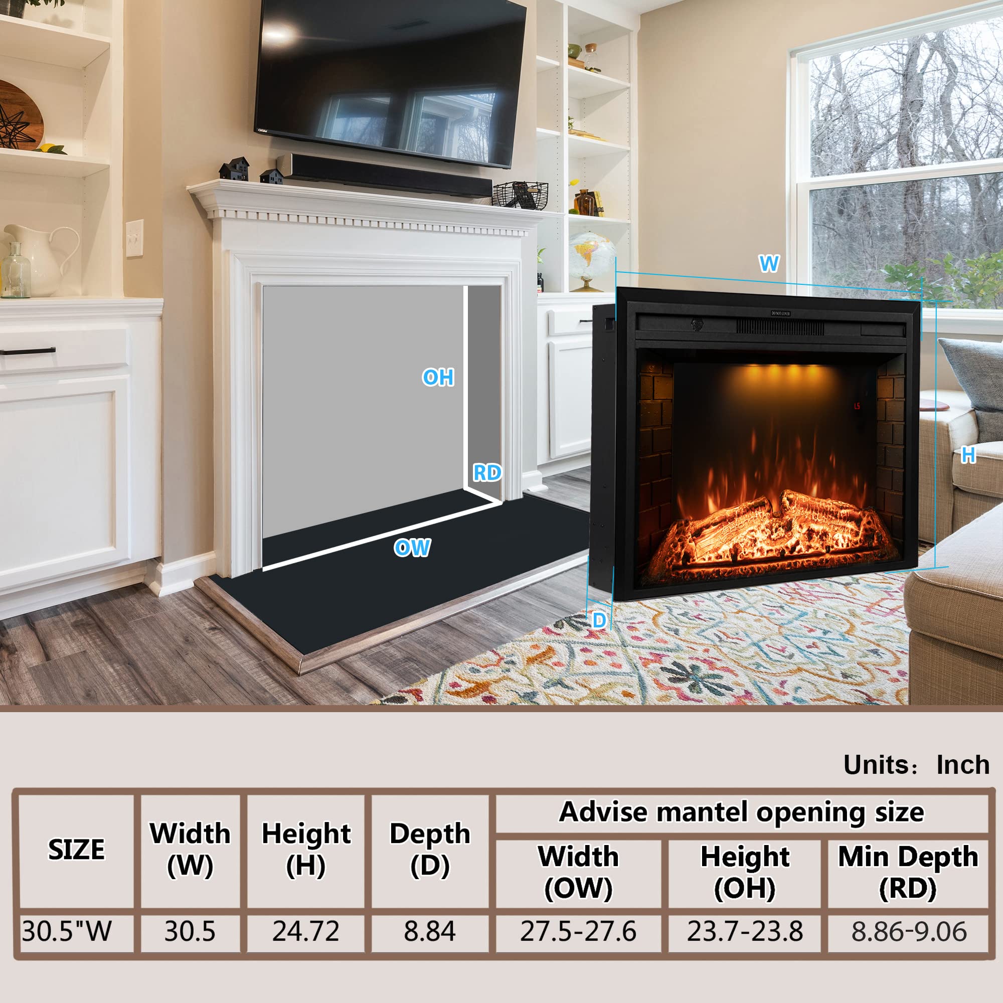 30 Inch Electric Fireplace with Remote Control - Realistic Log & Crackling Sound - 750W/1500W Wall Mounted Heater with Overheat Protection & Timer - Perfect for Living Room, Bedroom, or Office (Black)