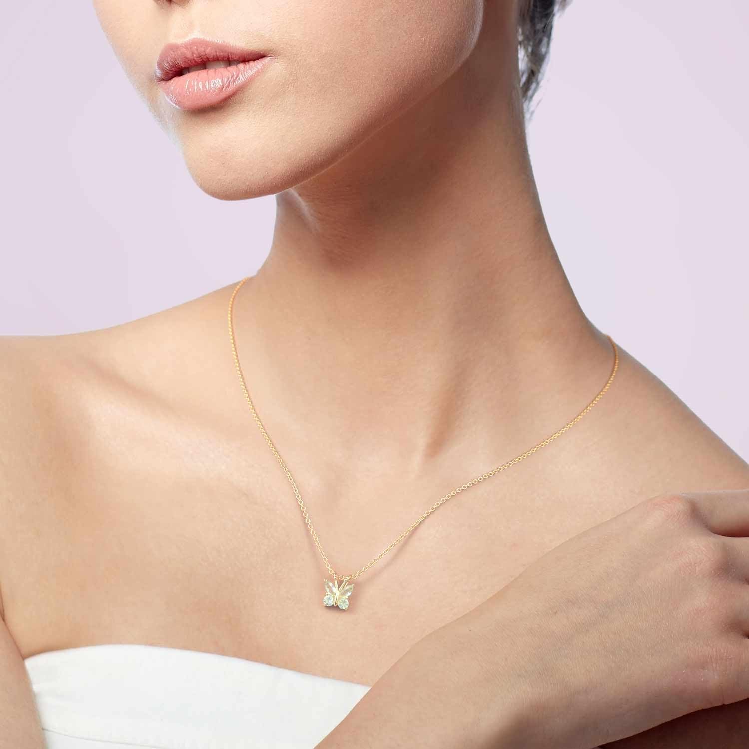 14K Gold Butterfly Pendant Necklace for Women - Dainty Lightweight Diamond Necklace with Light Blue CZ Stones | Trendy Layering Jewelry for Everyday Wear, Gift Giving & Special Occasions