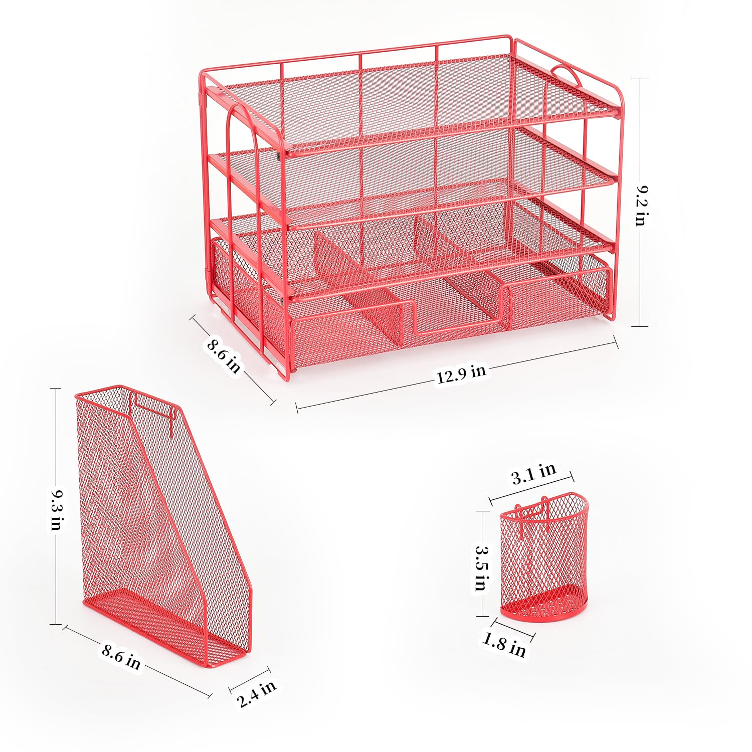 4-Tier Paper Letter Tray Organizer with File Holder & Drawer - Desk Accessories for Office Supplies, Workspace Organizer with 2 Pen Holders - Perfect for Home Office, School, and Workspace Organization (Red)