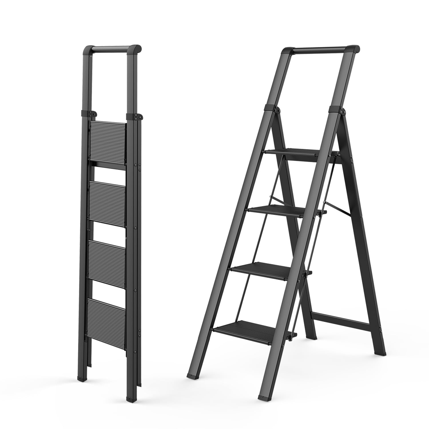 WOA 4 Step Ladder - Lightweight Aluminum Folding Step Stool with Anti-Slip Pedals, 300lbs Weight Capacity & 9ft Reach - Perfect for Home, Kitchen, Closet, Library & Garage Storage - Easy to Move & Compact Foldable Design