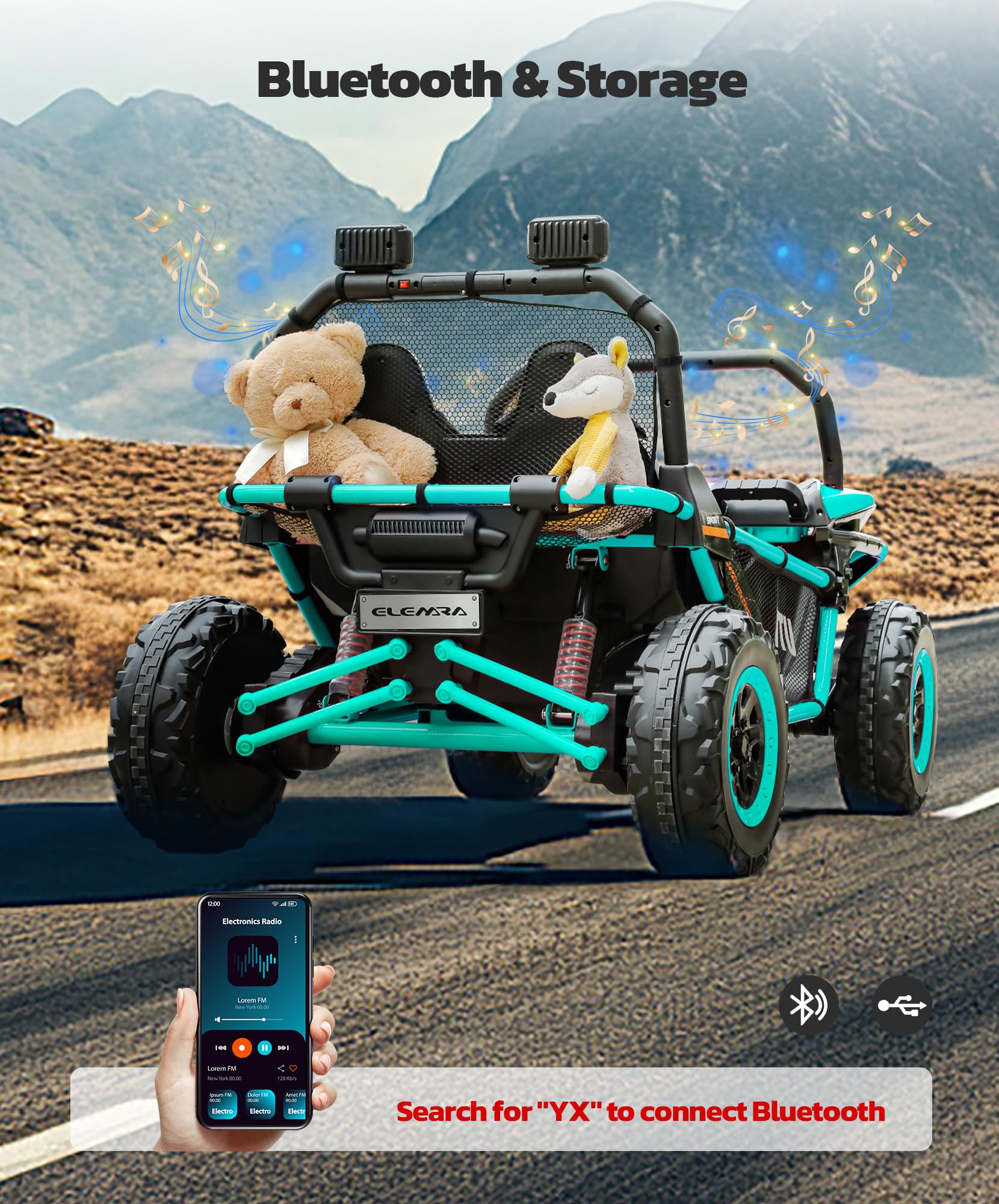 ELEMARA 24V 10AH 2 Seater Kids Electric Ride On Car - 4WD UTV Toy Truck with Remote Control, Bluetooth, LED Lights & 3 Speed Settings | Spring Suspension, Soft Seats & Storage Compartment | Perfect for Outdoor Play, Birthday Gifts & Family Fun (Green)