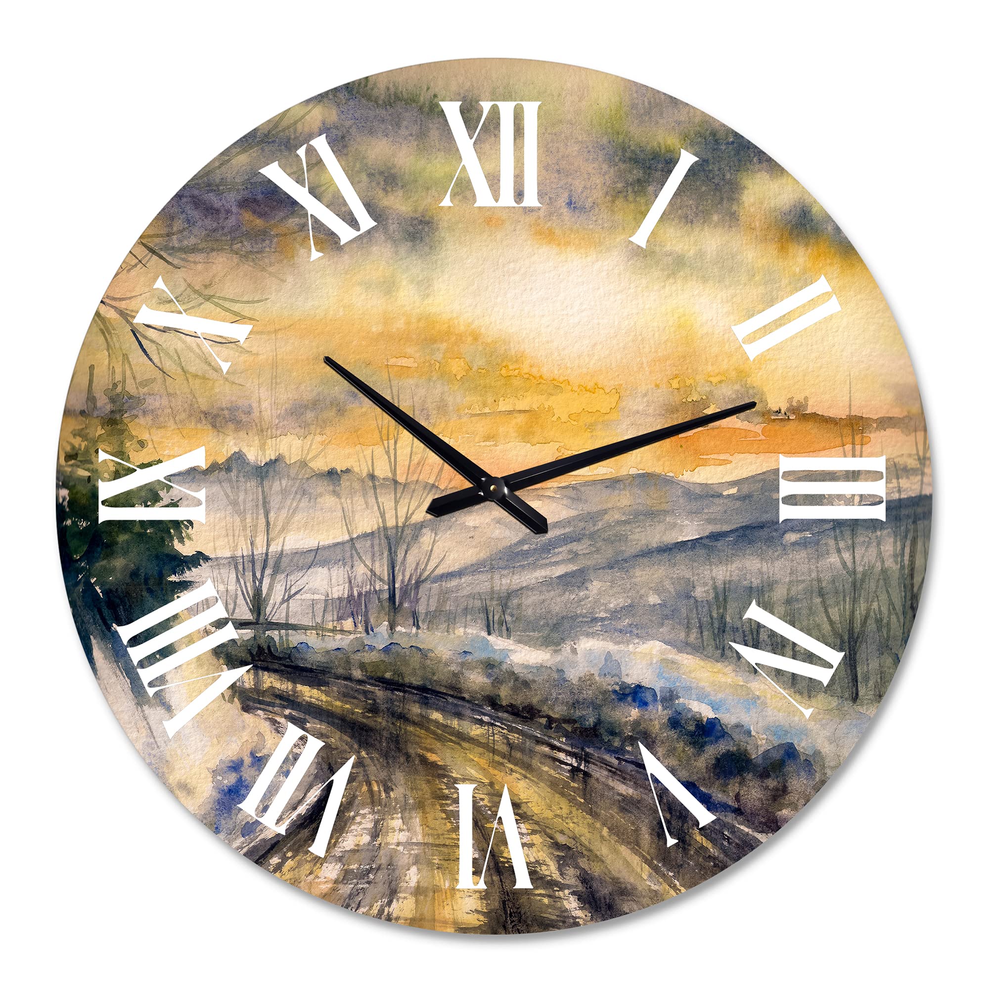 DesignQ Traditional Wall Clock - Winter Landscape with Road Under Bright Sunset - Large Decorative Clock for Kitchen, Living Room, Bedroom - Perfect for Home & Office Decor