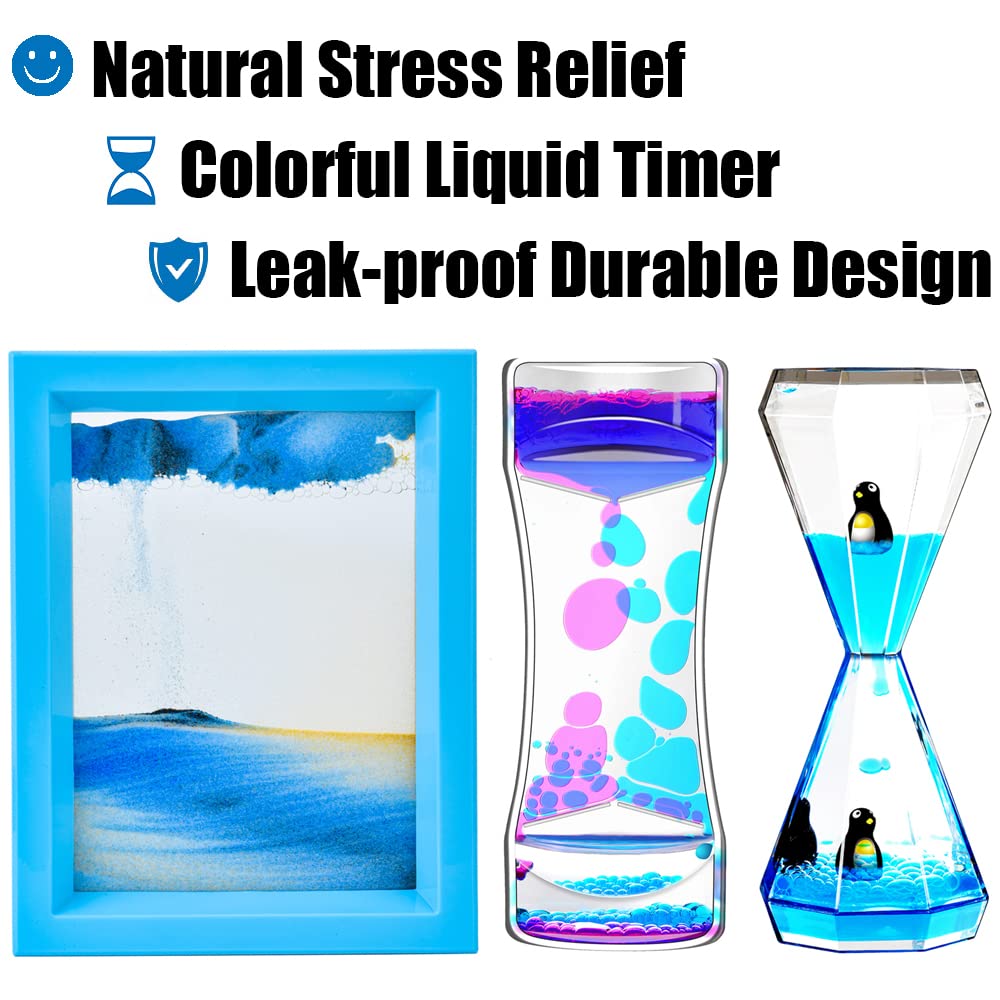 FKYTION Liquid Motion Bubbler, Diamond Penguin Timer & Moving Sand Art - 3-Pack Relaxing Desk Toys for Stress Relief, ADHD & Office Decor | Perfect Gift for Kids & Adults | Calming Sensory Fidget Toys for Anxiety Relief & Focus