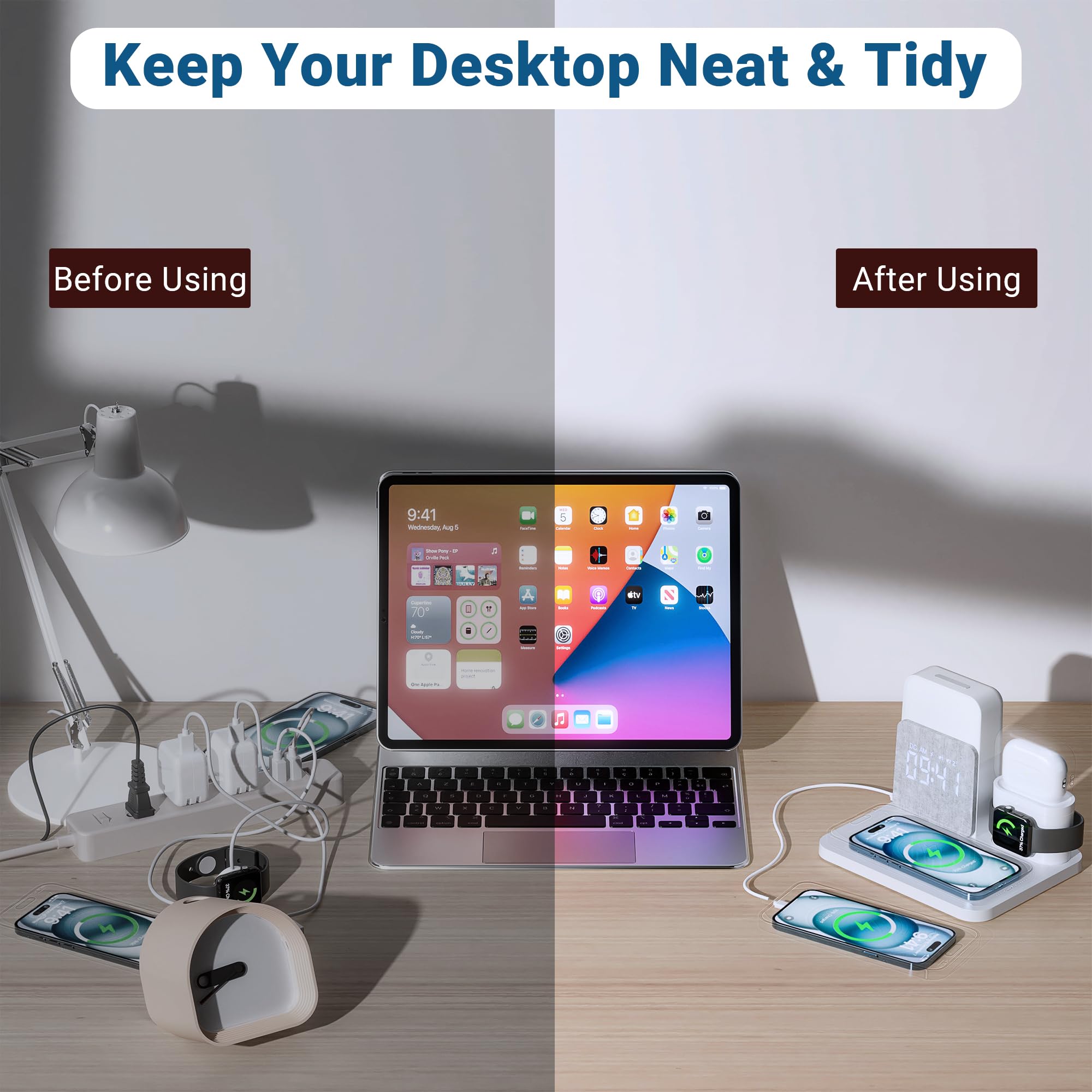 6-in-1 Wireless Charging Station with MagSafe 18W Fast Charging | Alarm Clock & Night Light | Compatible with iPhone 16/15/14/13/12/11/X/Pro Max, Apple Watch & AirPods | Perfect for Bedside, Office & Travel Charging
