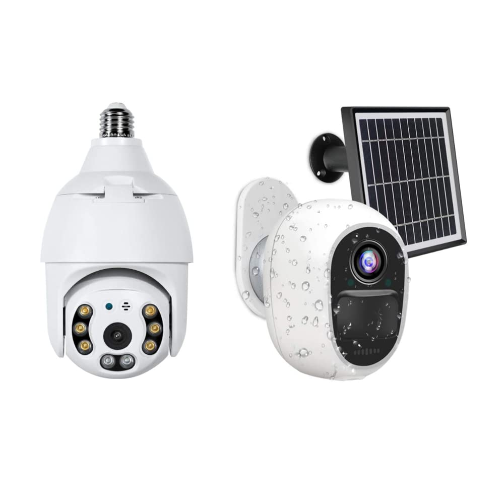1PCS Tuya Smart Wireless Bulb Connector PTZ Camera + 1PCS Solar Powered Security Camera - 360° View, Night Vision, Motion Detection - Ideal for Home Security, Garage Monitoring & Outdoor Surveillance