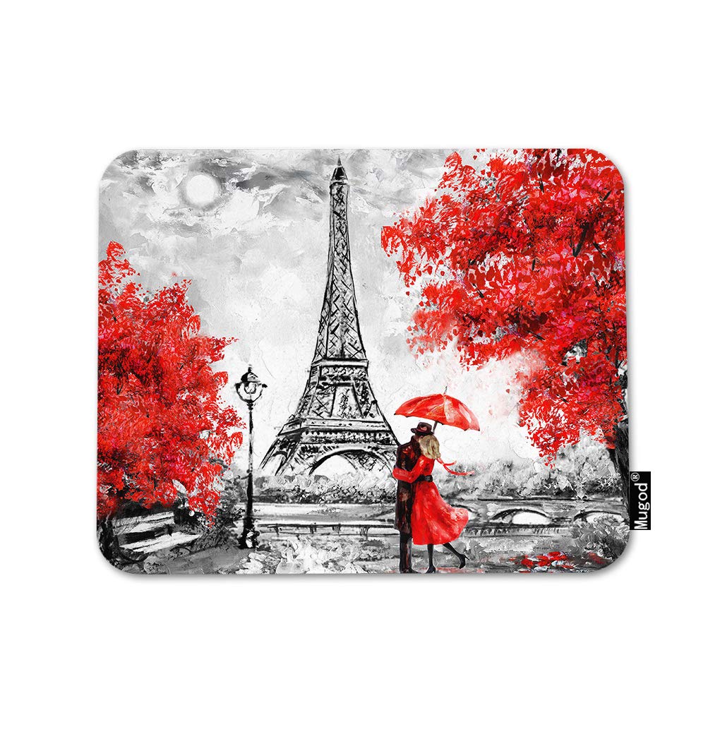 Paris Mouse Pad - Eiffel Tower Couple Under Umbrella City Landscape Non-Slip Rubber Base Gaming Mouse Mat for Computer, Laptop, PC - Perfect for Office & Home Workspace (9.5x7.9 Inch) | Great Gift for Paris Lovers & Gaming Enthusiasts