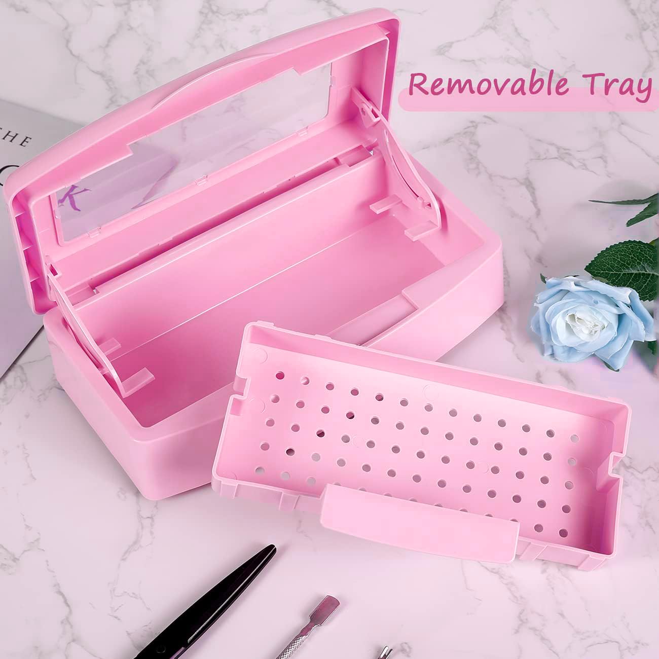 Gusnilo Nail Tool Sterilizer Box - Barbicide Disinfectant Jar for Nail Salon, Beauty Center & Manicure Equipment - Plastic UV Sanitizer Container (Pink) - Perfect for Sanitizing Nail Files, Clippers & Beauty Tools