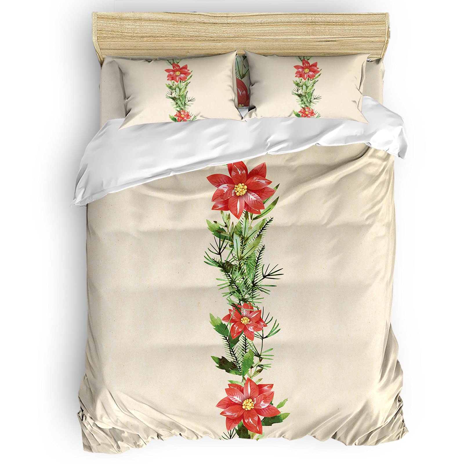 Seven Roses 4-Piece Christmas Bedding Set - Queen Size Quilt Cover with Soft Sheets & Pillowcases, Red Poinsettia Floral Retro Beige Design | Holiday Home Decor, Cozy Winter Bedroom Upgrade