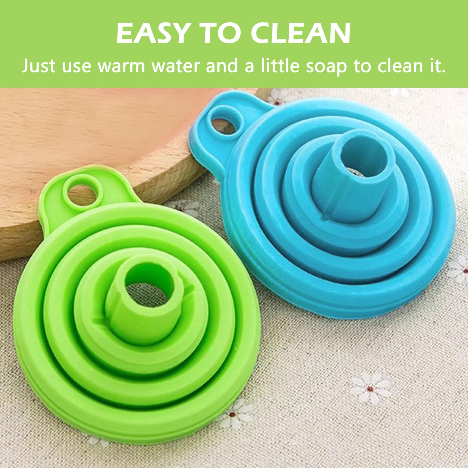 **Medsuo 2-Pack Collapsible Silicone Funnel for Kitchen - Foldable Hopper for Oil, Water, Powders & Liquids - Blue & Green - Perfect for Bottles, Containers & DIY Filling**    *(Use Cases: Ideal for home kitchens, camping, baking, garage storage, and travel - Compact & Easy to Store!)*
