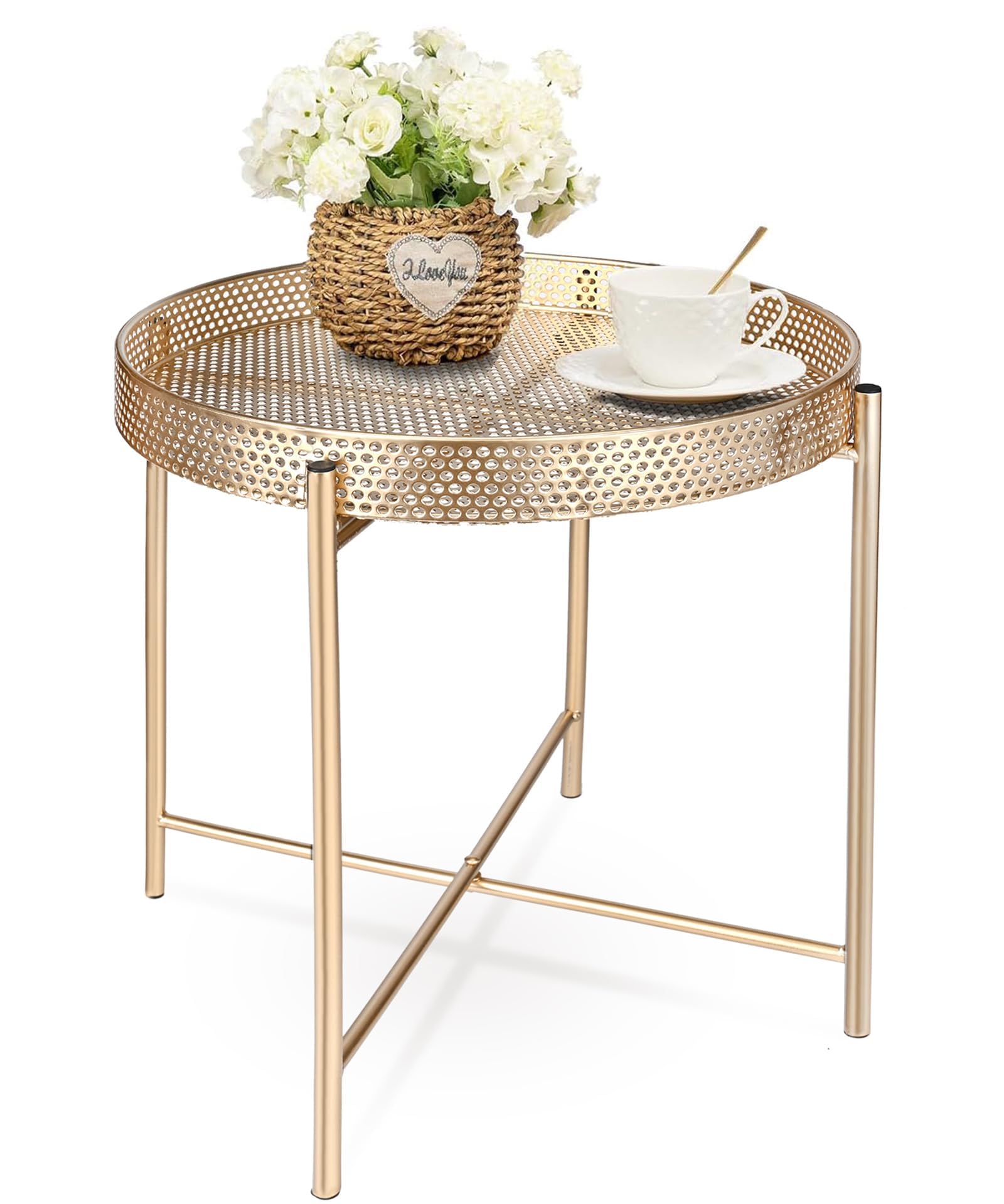 Modern Gold Round Side Table - Metal Small Nightstand with Removable Tray Top, Contemporary Accent Table for Living Room, Bedroom, Nursery & Balcony - Perfect for Coffee Storage, Bedside Organization & Home Decor
