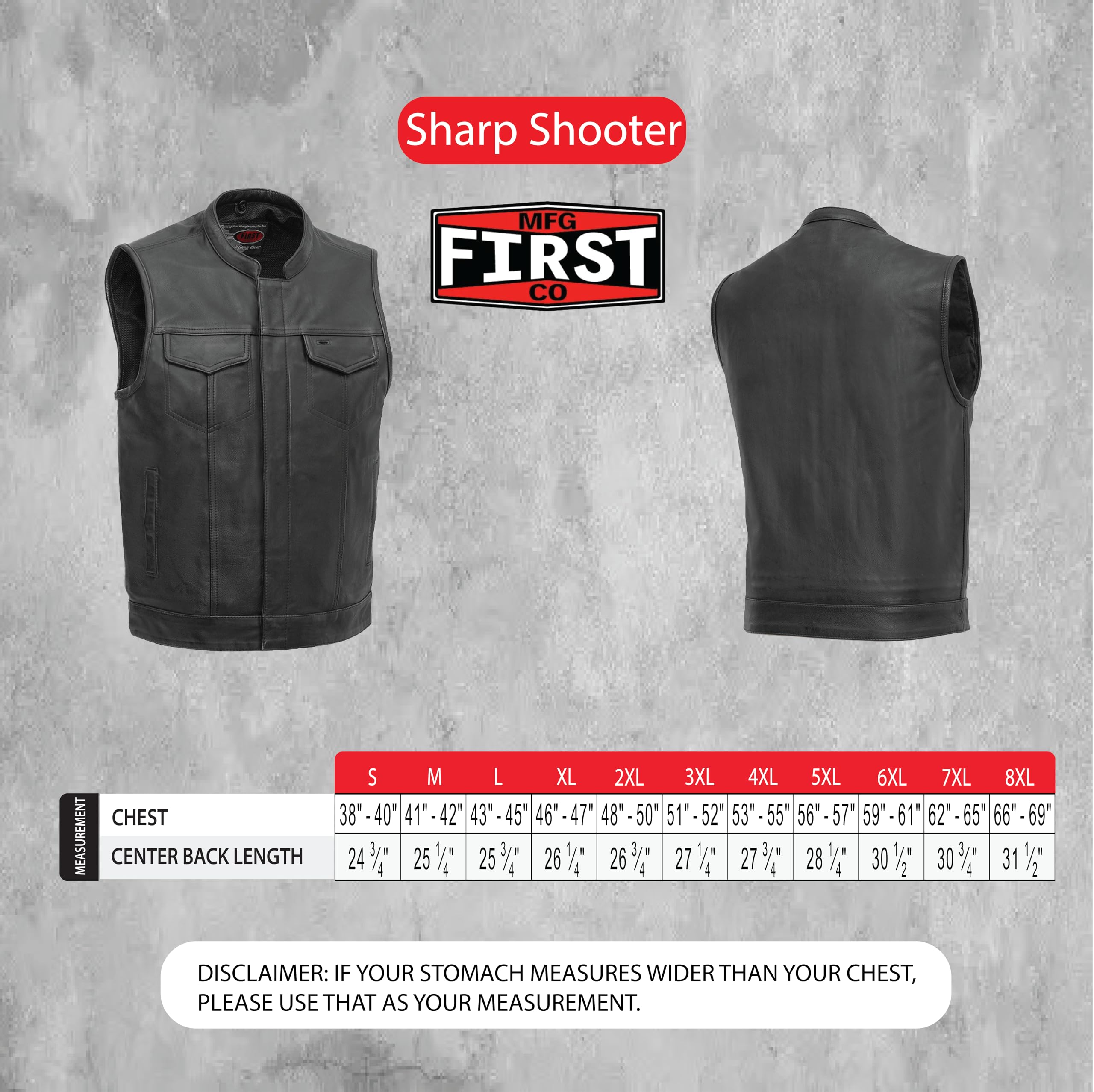 First Mfg Co Sharp Shooter Men's Motorcycle Leather Vest - Classic Black Biker Jacket with Banded Collar & Covered Snaps | Perfect for Riding, Motorcycle Clubs & Casual Outfits