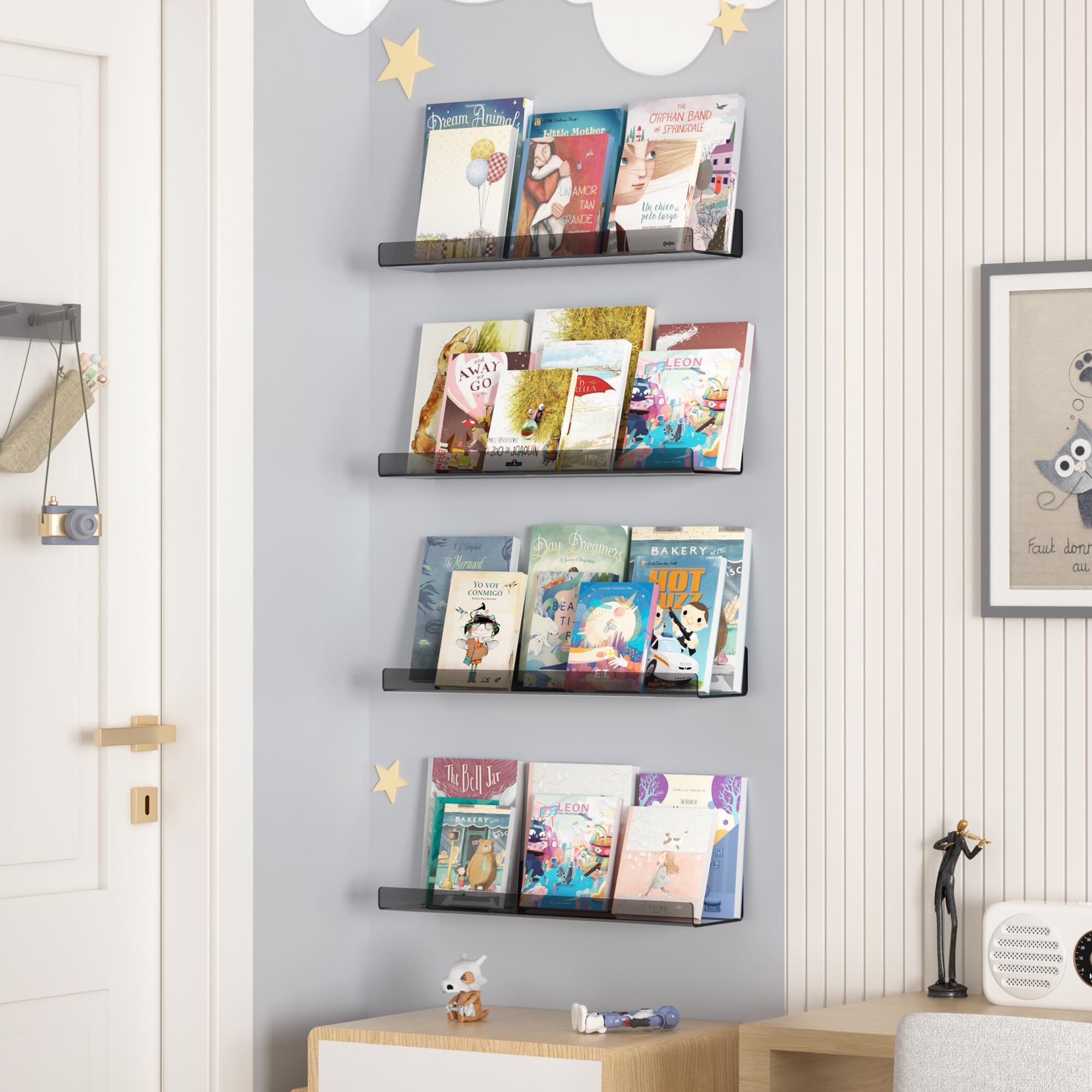 Upsimples 4 Pack Clear Acrylic Floating Shelves - 15 Inch Wall Mounted Display Shelves for Kids Room, Bathroom, Bedroom & Living Room Decor - Space Saving Storage Organizer for Books, Plants & Decorative Items