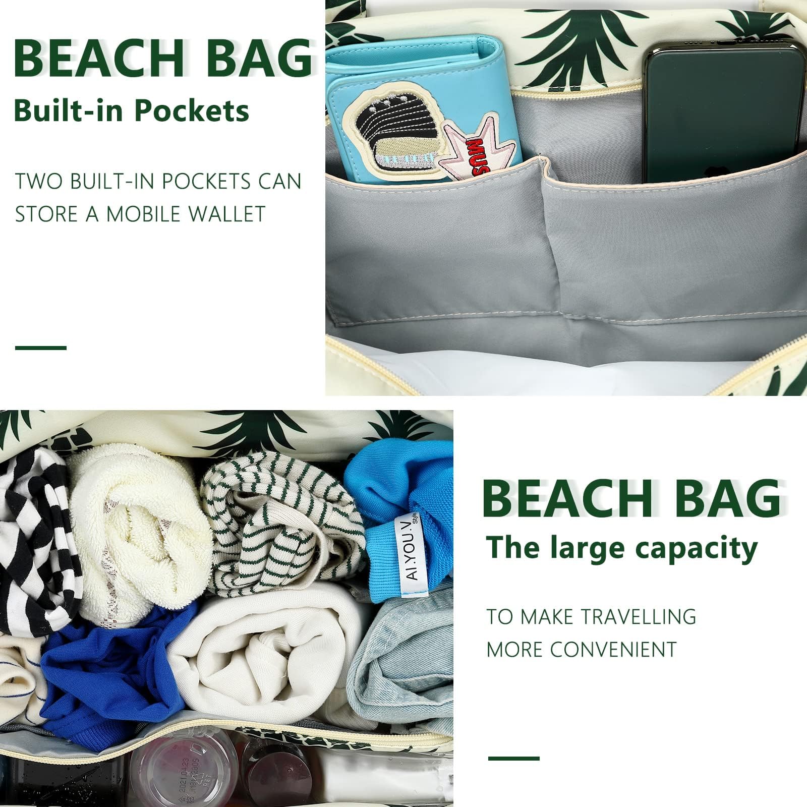 LEDAOU Large Waterproof Beach Tote Bag for Women - Sandproof Zippered Pool & Gym Bag with Wet Pocket - Perfect for Travel, Grocery Shopping & Beach Outings