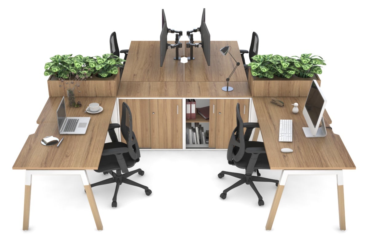 Quadro Wood A-Legs Cross Beam 4-Person Office Workstation with Uniform Spine [4 x (1600x800mm with Cable Management)] - Perfect for Collaborative Workspaces & Modern Office Environments
