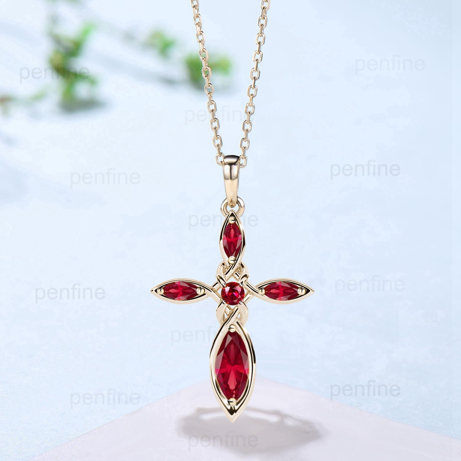 Viking Ruby Pendant Necklace for Women - Sterling Silver & Rose Gold Minimalist Marquise Cross Jewelry - Personalized Norse Celtic Gift for Her - Perfect for Weddings, Anniversaries & Special Occasions