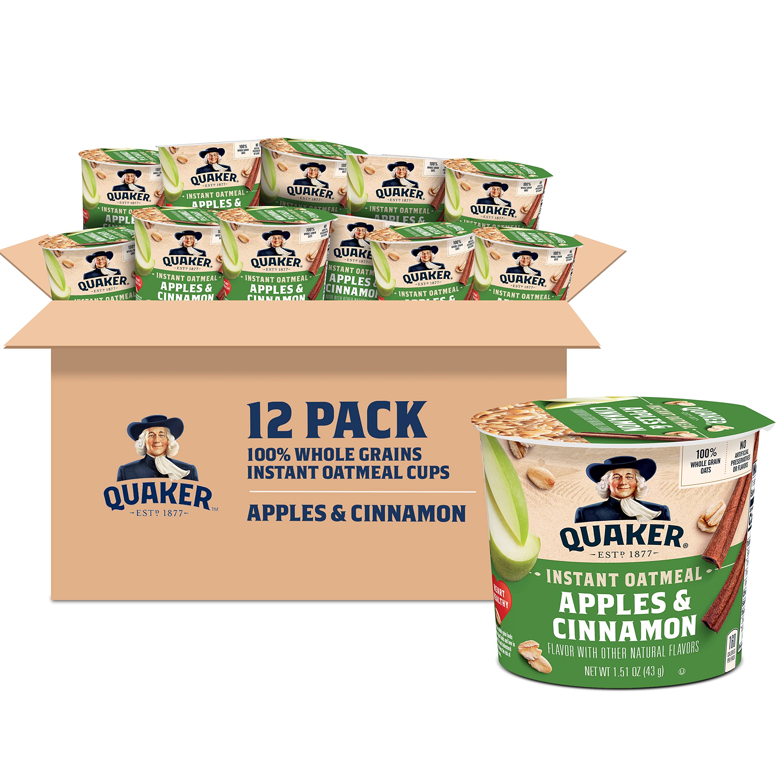 Quaker Instant Oatmeal Express Cups - Apples & Cinnamon Flavor, 12 Pack (1.51 oz Each) | Quick Breakfast Oatmeal for Office, Travel & Busy Mornings | Microwave Ready in 90 Seconds