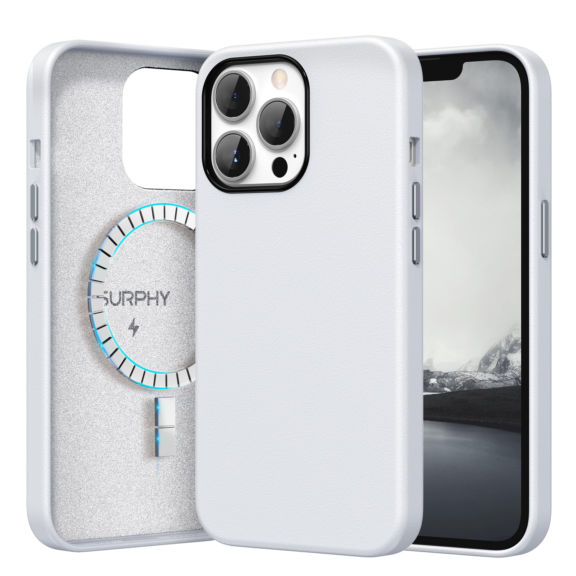 Premium Faux Leather iPhone 13 Pro Max Case (6.7 inch 2021) - SURPHY Compatible Protective Phone Cover with Metallic Buttons & Microfiber Lining | Slim Durable Shockproof Design for Everyday Use & Business Professionals (Cool White)