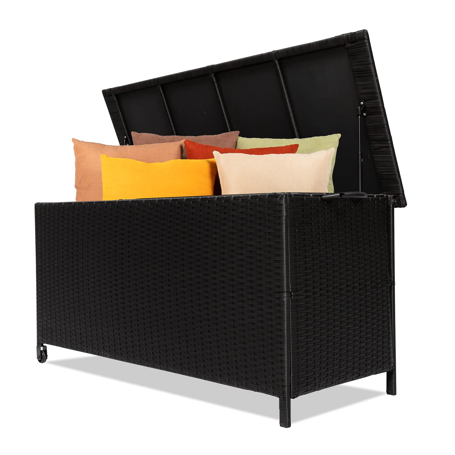Premium Outdoor Rattan Storage Box with Wheels - Large Patio Deck Organizer for Furniture, Garden Tools & Pool Accessories - Weatherproof Wicker Container for Backyard, Porch & Poolside (Black)