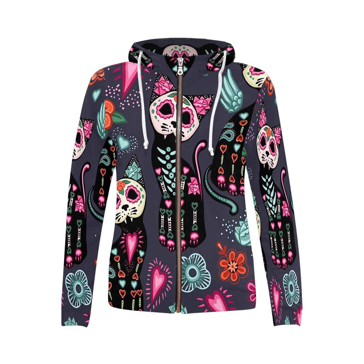 **InterestPrint Women's All Over Print Hoodie with Big Pocket & Zipper - Cartoon Dogs and Bones Pattern - Cozy Casual Wear for Fall & Winter**