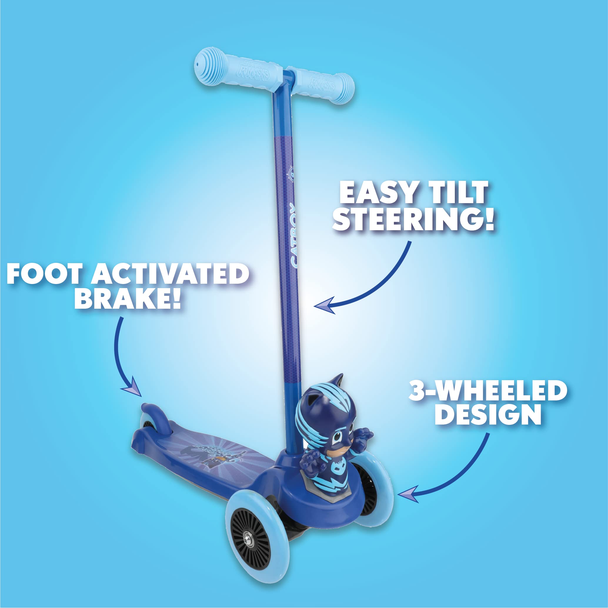 PJ Masks Kids Scooter - Self Balancing Ride-On Toy for Boys & Girls Ages 3-5 with Wide Deck & Foot Brake - Catboy, Owlette, Gekko Character Options - Perfect for Birthday Gifts & Outdoor Play
