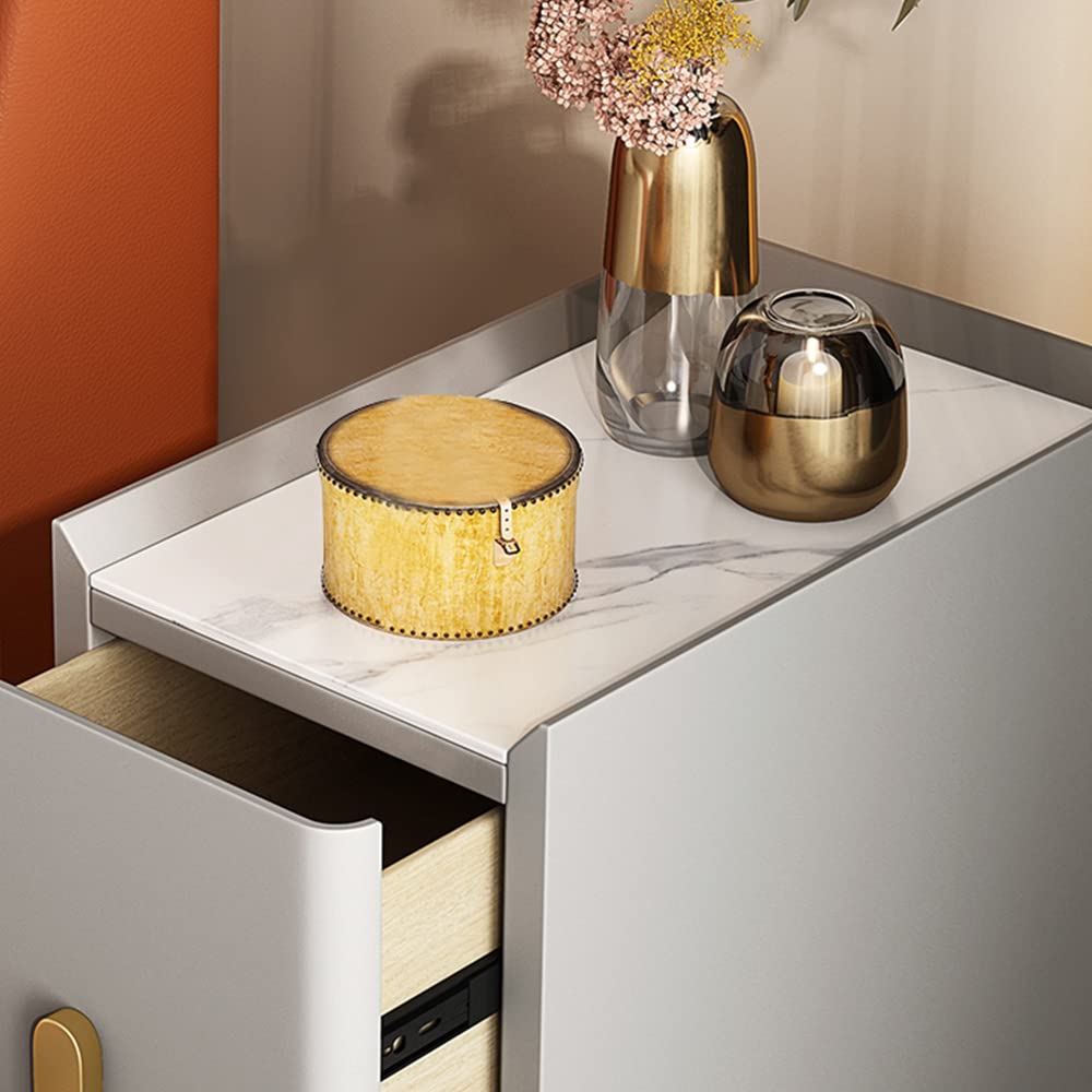 Modern White Narrow Nightstand with 2 Drawers - Sintered Stone Tabletop & Stainless Steel Legs - PU Leather Bedside Table for Bedroom, Living Room - Compact End Table for Small Spaces (1 Piece)