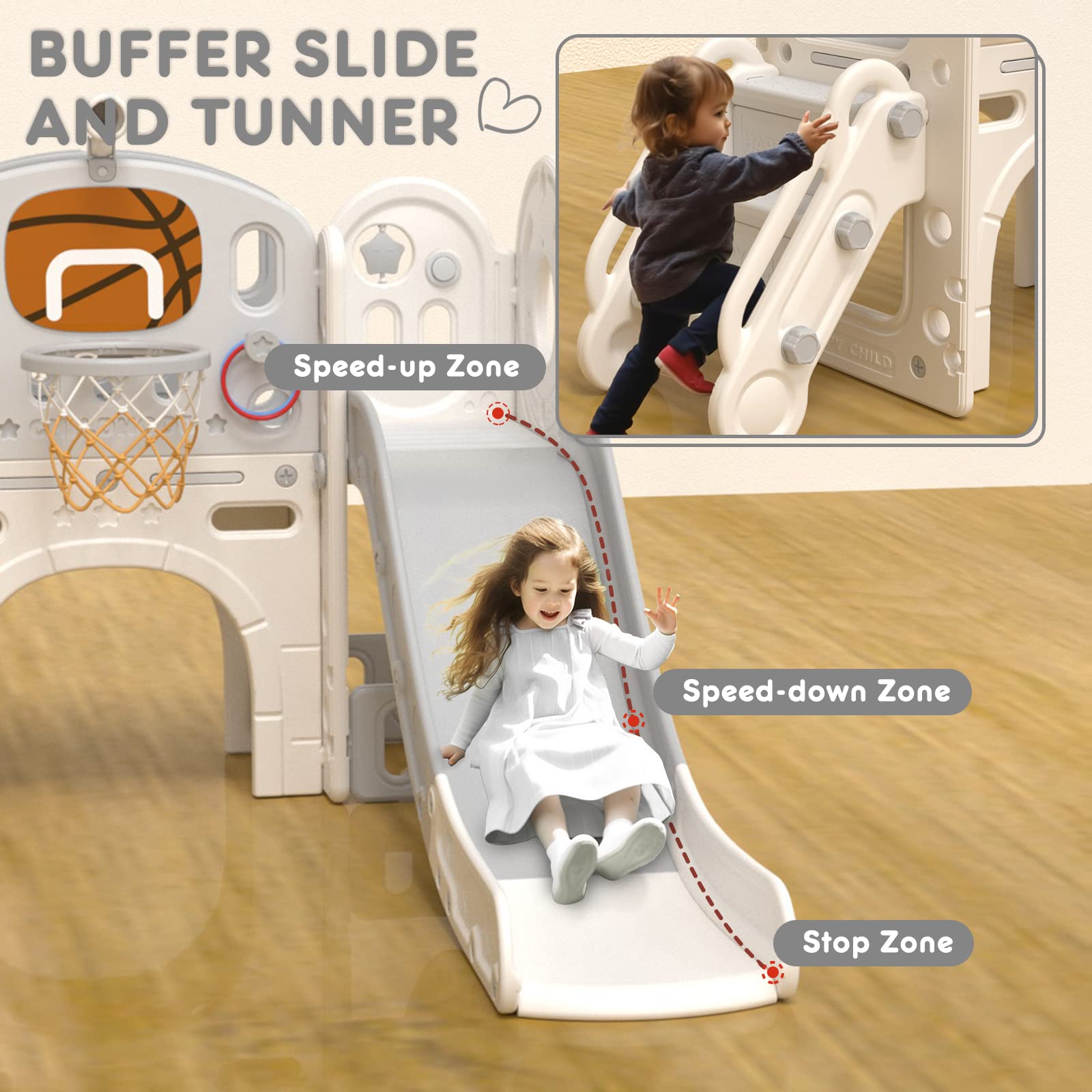 YUFU 9-in-1 Toddler Slide and Playset with Basketball Hoop - Indoor Outdoor Playground for Kids Ages 1-3 - Perfect for Backyard, Playroom, and Daycare Activities (Beige+Gray)