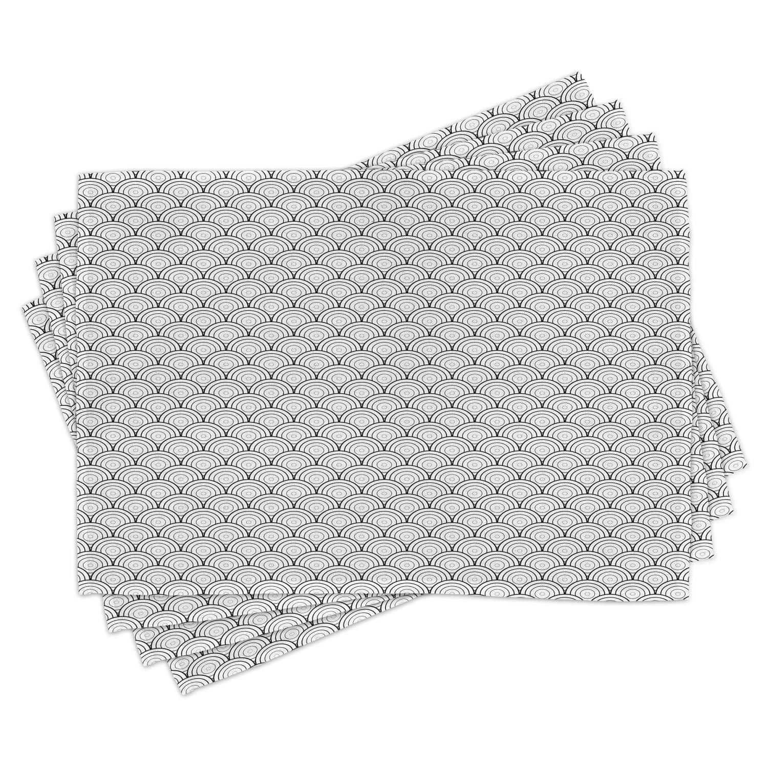 Ambesonne 4-Pack Geometric Placemats Set - Moroccan Inspired Circle Design with Sea Wave Art Print - Washable Fabric Table Mats for Dining Room & Kitchen Decor (Black/White) - Perfect for Dinner Parties, Holiday Gatherings & Everyday Use