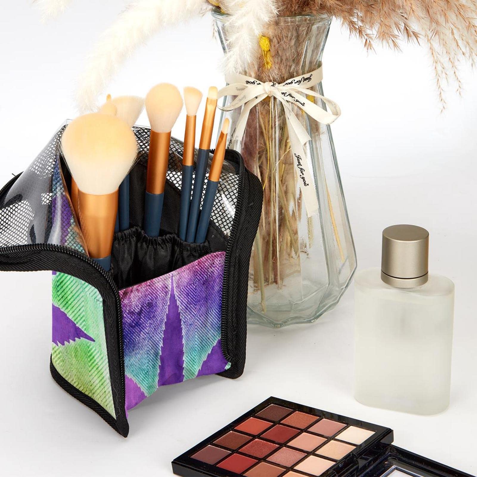 Vintage Plant Purple Leaves Makeup Brush Organizer Bag with 12 Brush Holder - Portable Cosmetic Brush Case for Travel, Home & Professional Makeup Artist Kit