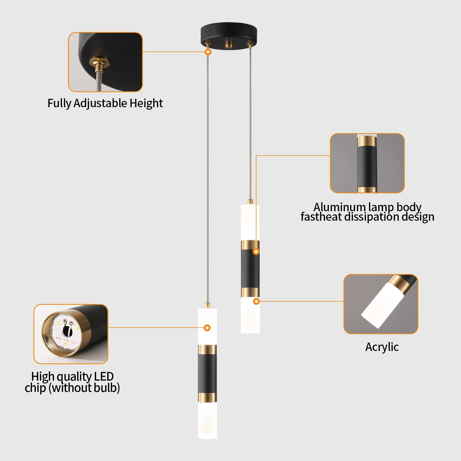 2-Pack Modern Mini Pendant Lights - Dimmable LED Kitchen Island Lighting, Small Hanging Fixtures for Bedroom & Dining Room - Black Gold Finish | Perfect for Home Decor & Interior Design