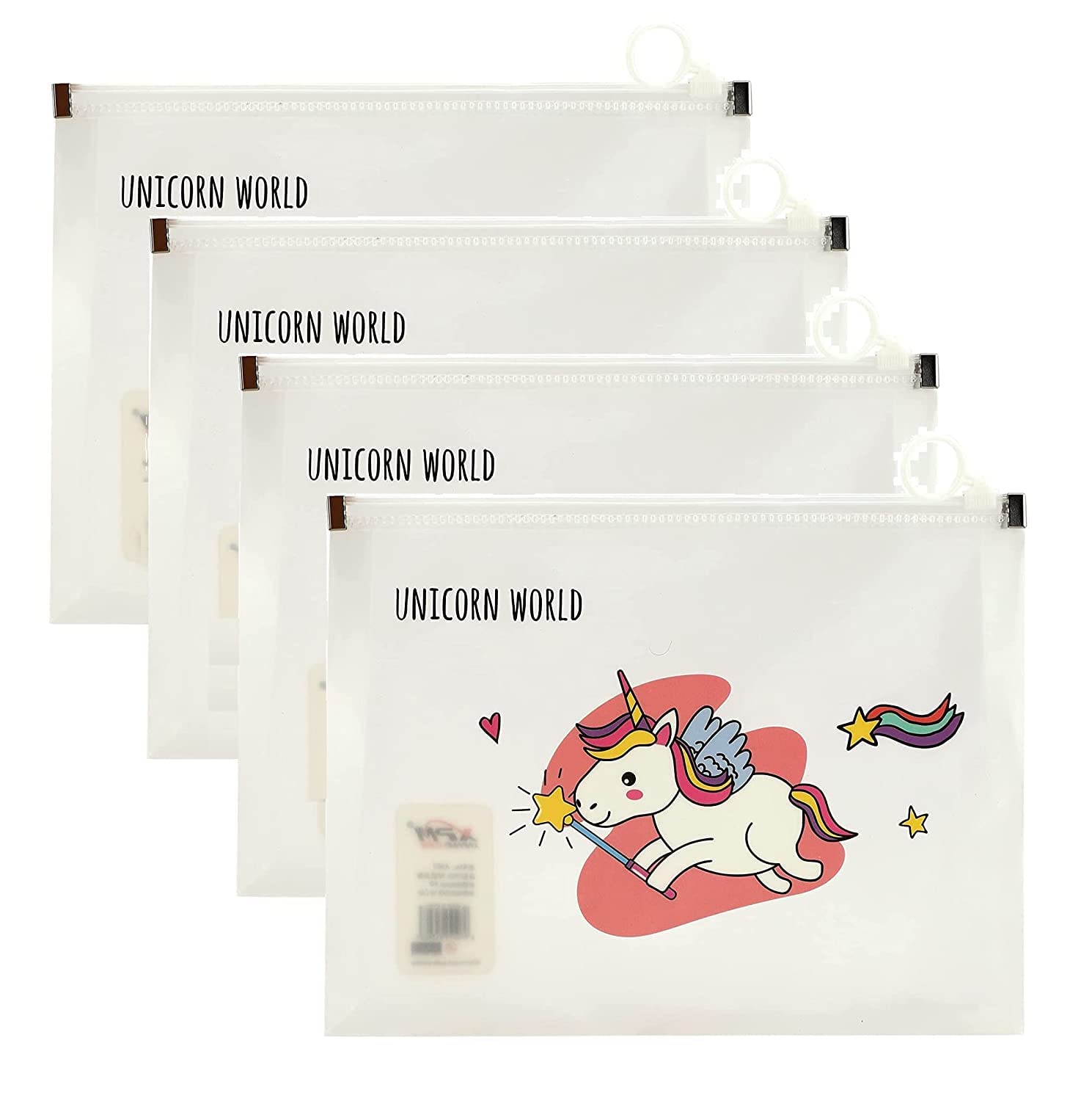 BREEPREE (Pack of 4) Transparent Unicorn Print Pencil Case - Waterproof Zippered Pouch for School Supplies, Makeup Organizer, Travel Accessories - Perfect Gift for Kids, Boys & Girls - Ideal for Backpack, Office & Travel Organization